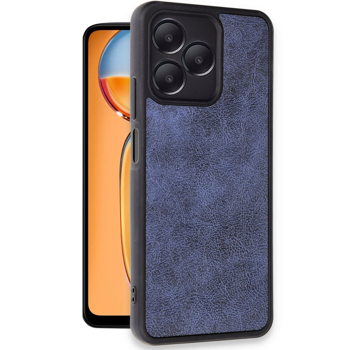 Akıllı telefonda mavi, deri dokulu telefon kılıfı.
