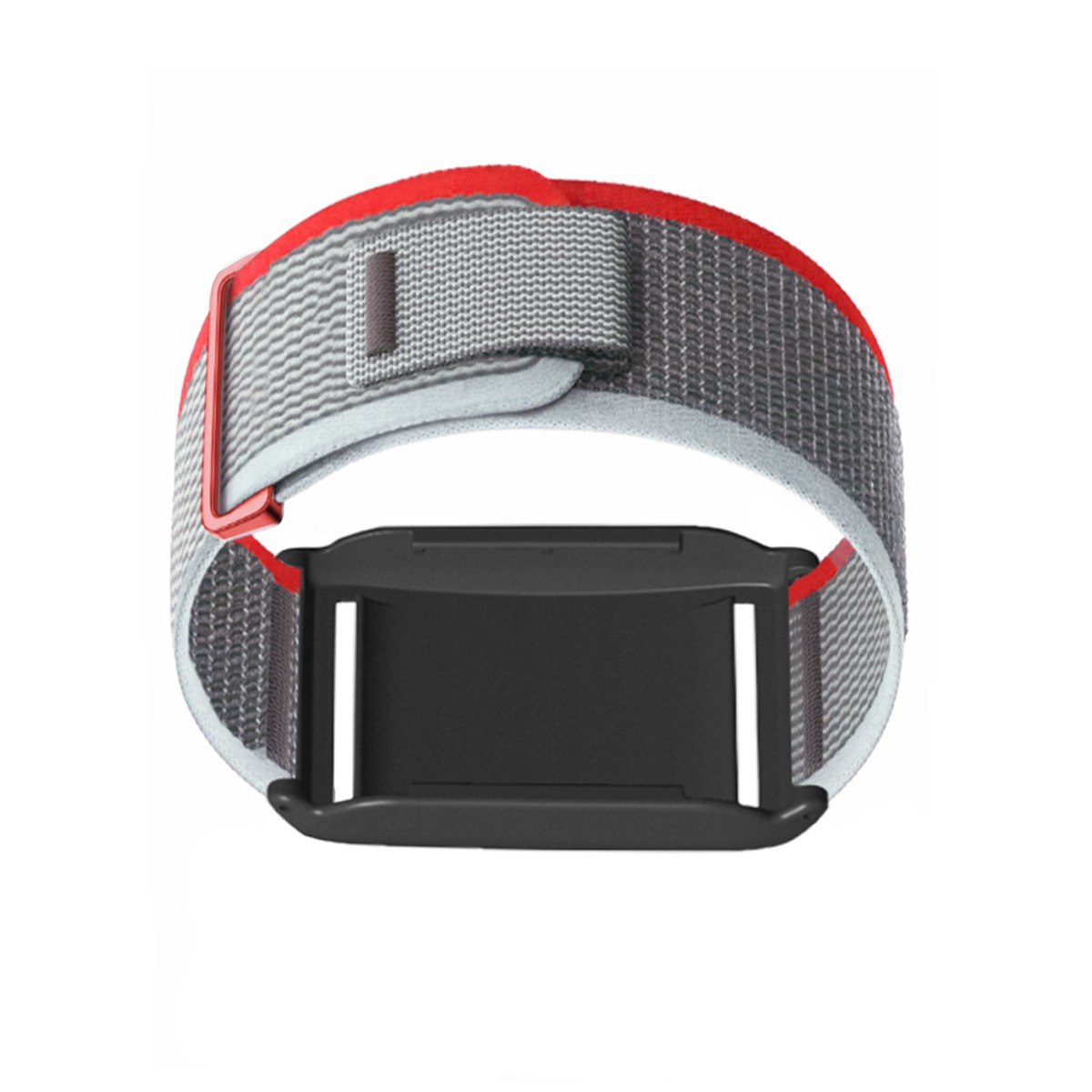 Graues Armband mit rotem Rand und schwarzer Schnalle.