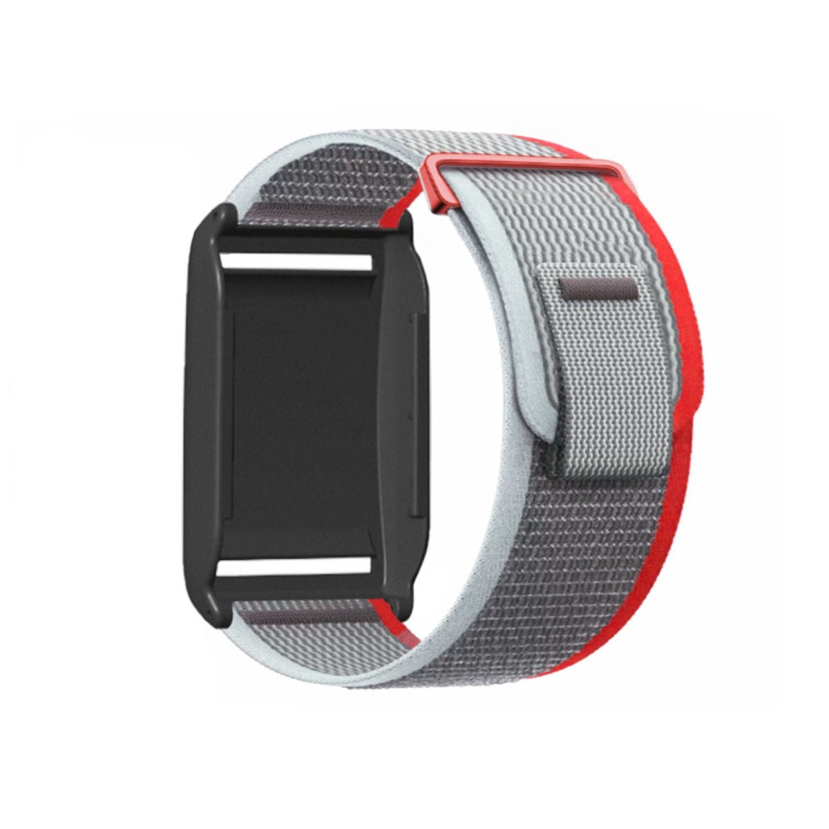 Ein schwarzer Fitness-Tracker mit grauem und rotem gewebtem Armband, vor weißem Hintergrund.