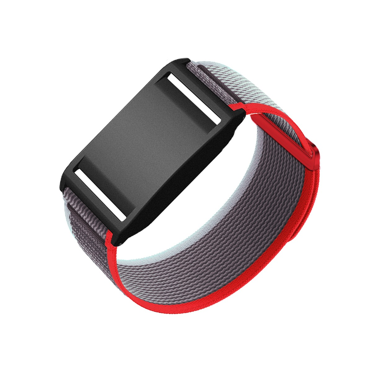 Graues Textilarmband mit rotem Rand und schwarzer Schnalle auf weißem Grund.