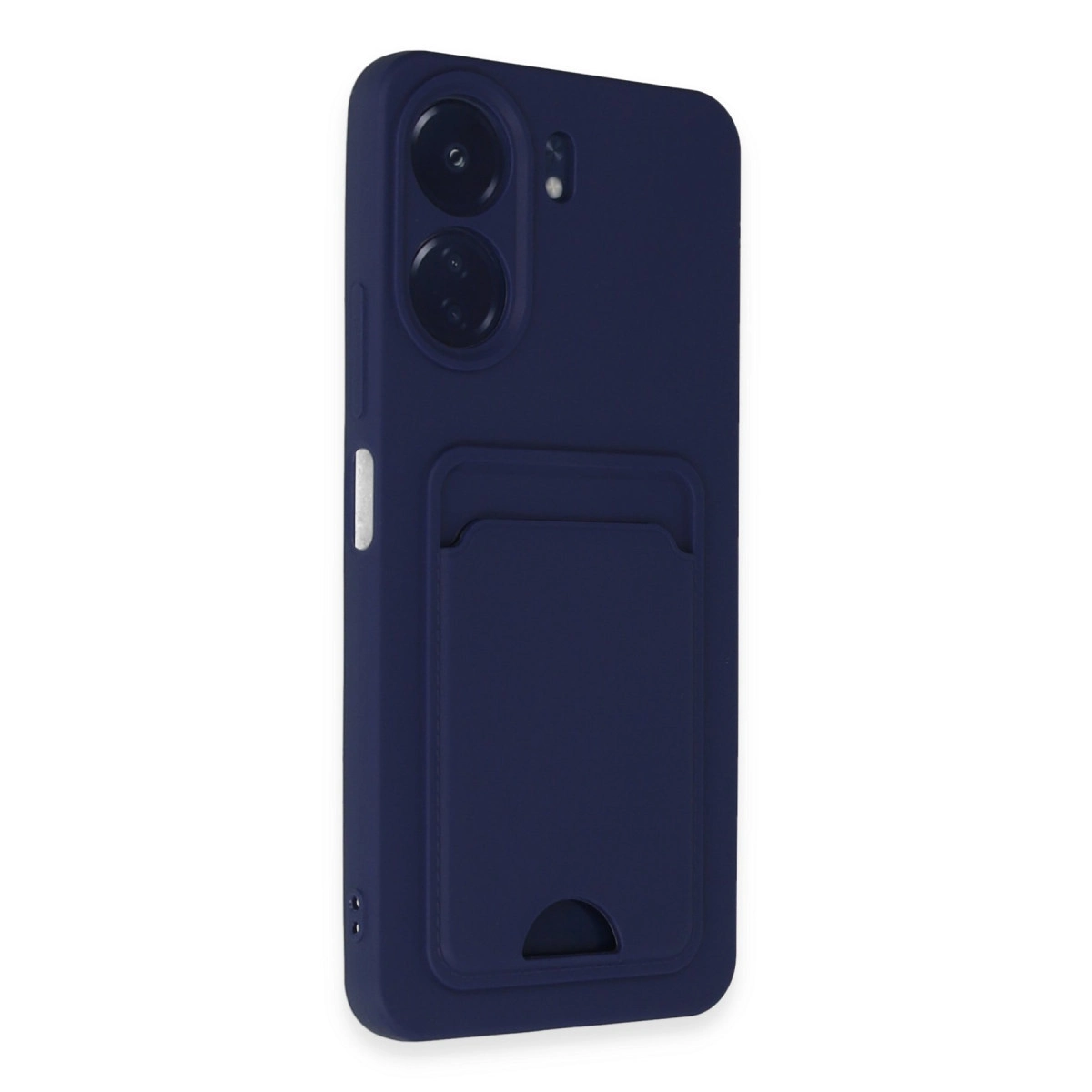 Arkada iki kamera lensi ve kart tutucusu bulunan lacivert telefon kılıfı.