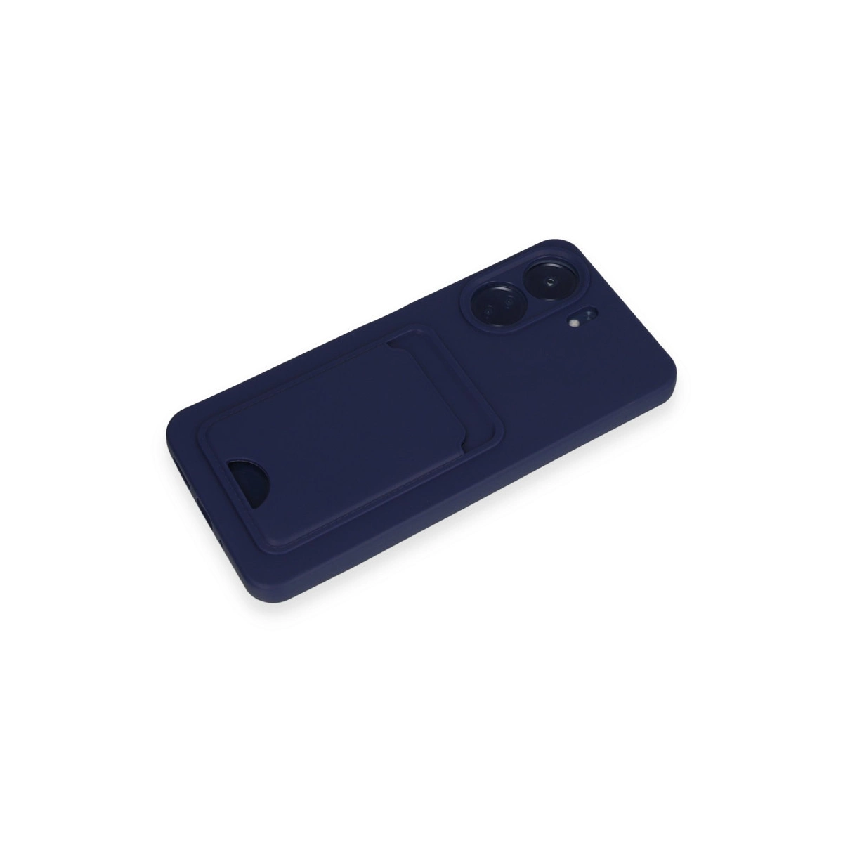 Koyu mavi telefon kılıfı, kart yuvası ve kamera kesiği.
