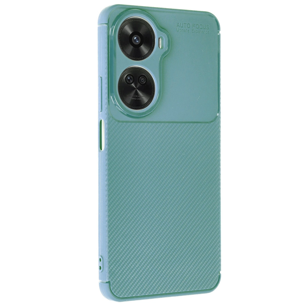 Çift kameralı ve karbon fiber doku desenli turkuaz telefon kılıfı.