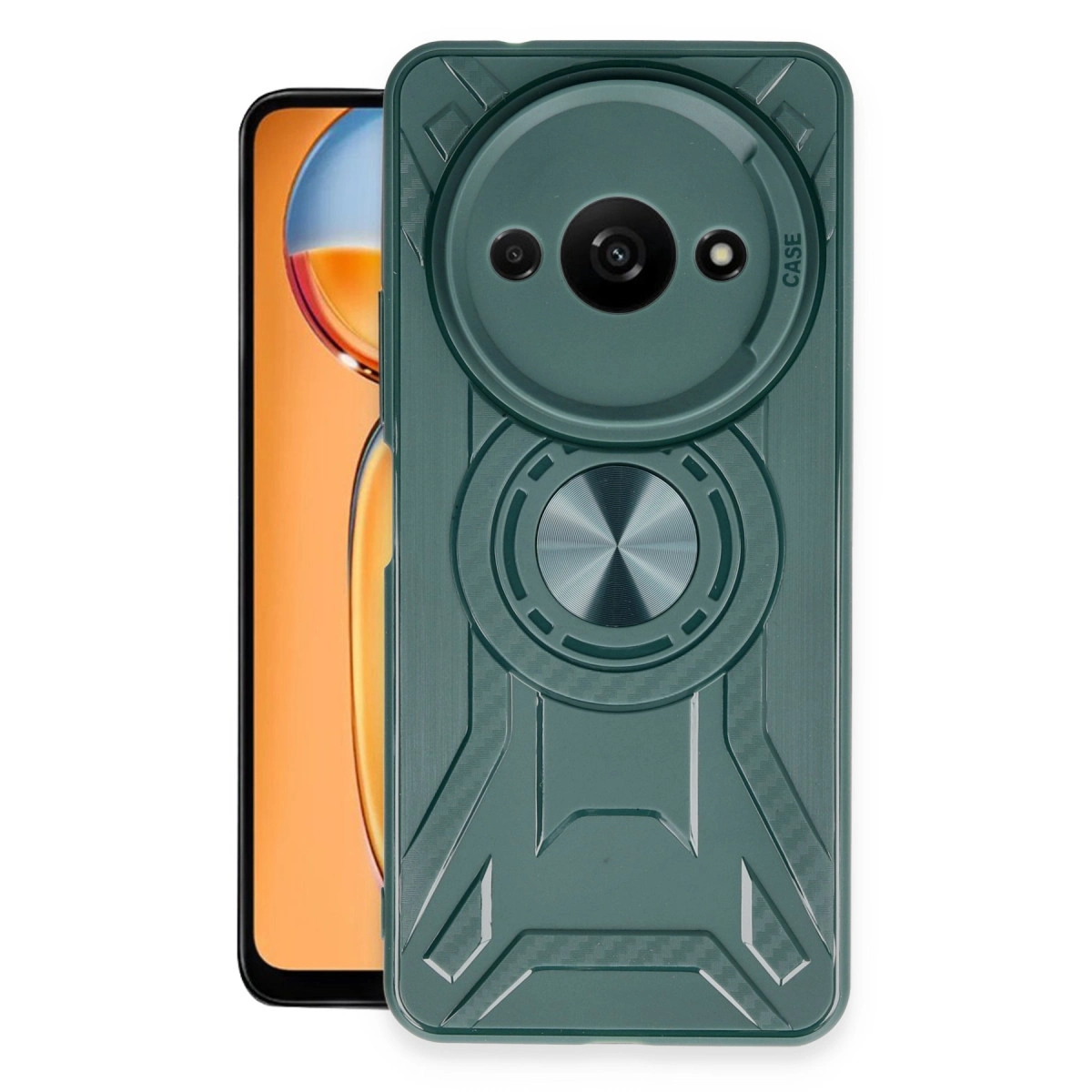 Kamera ve halka tutuculu yeşil telefon kılıfı, akıllı telefonun yanında.