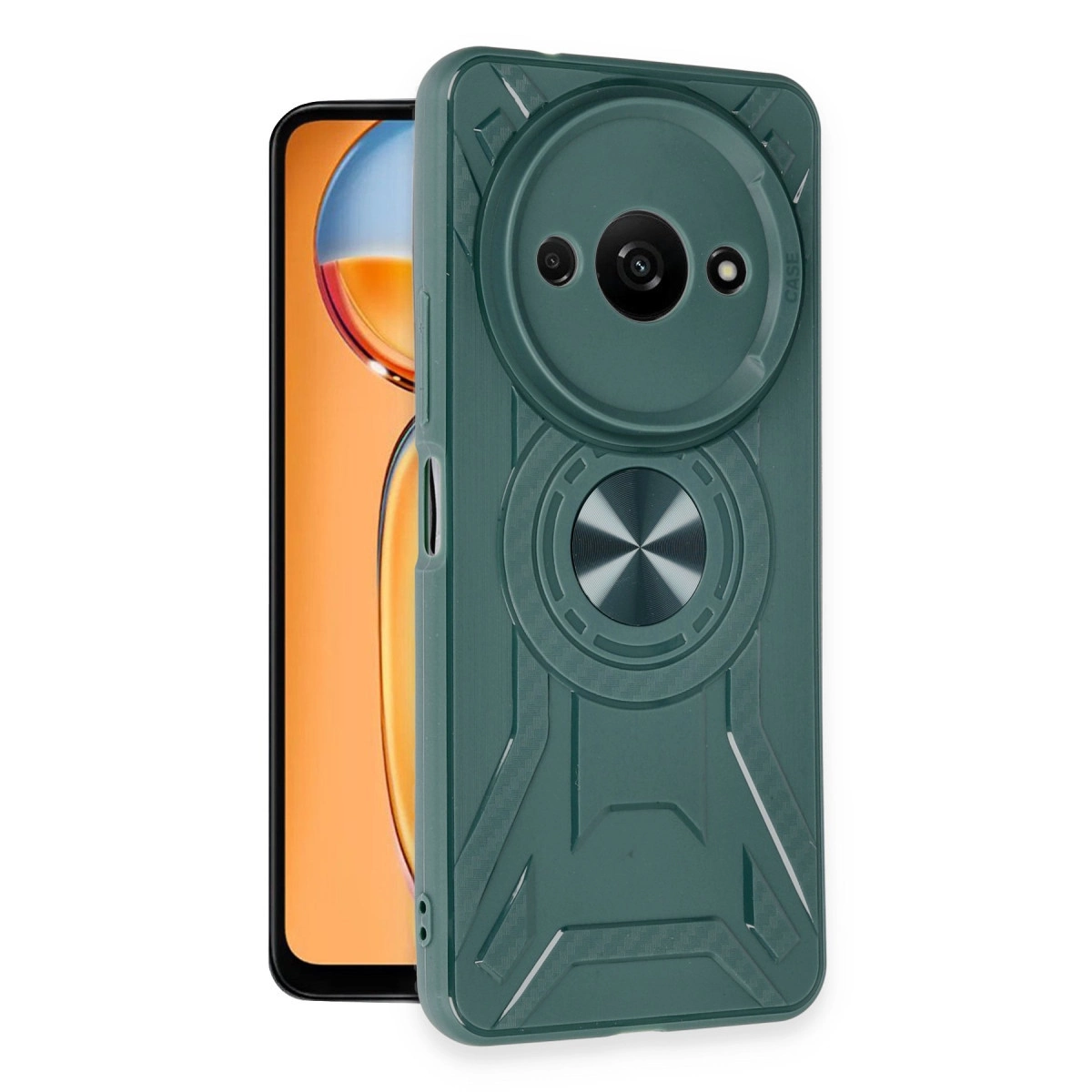 Koyu yeşil telefon kılıfı, kamera oyuğu ve halka tutucusu ile bir telefonda.