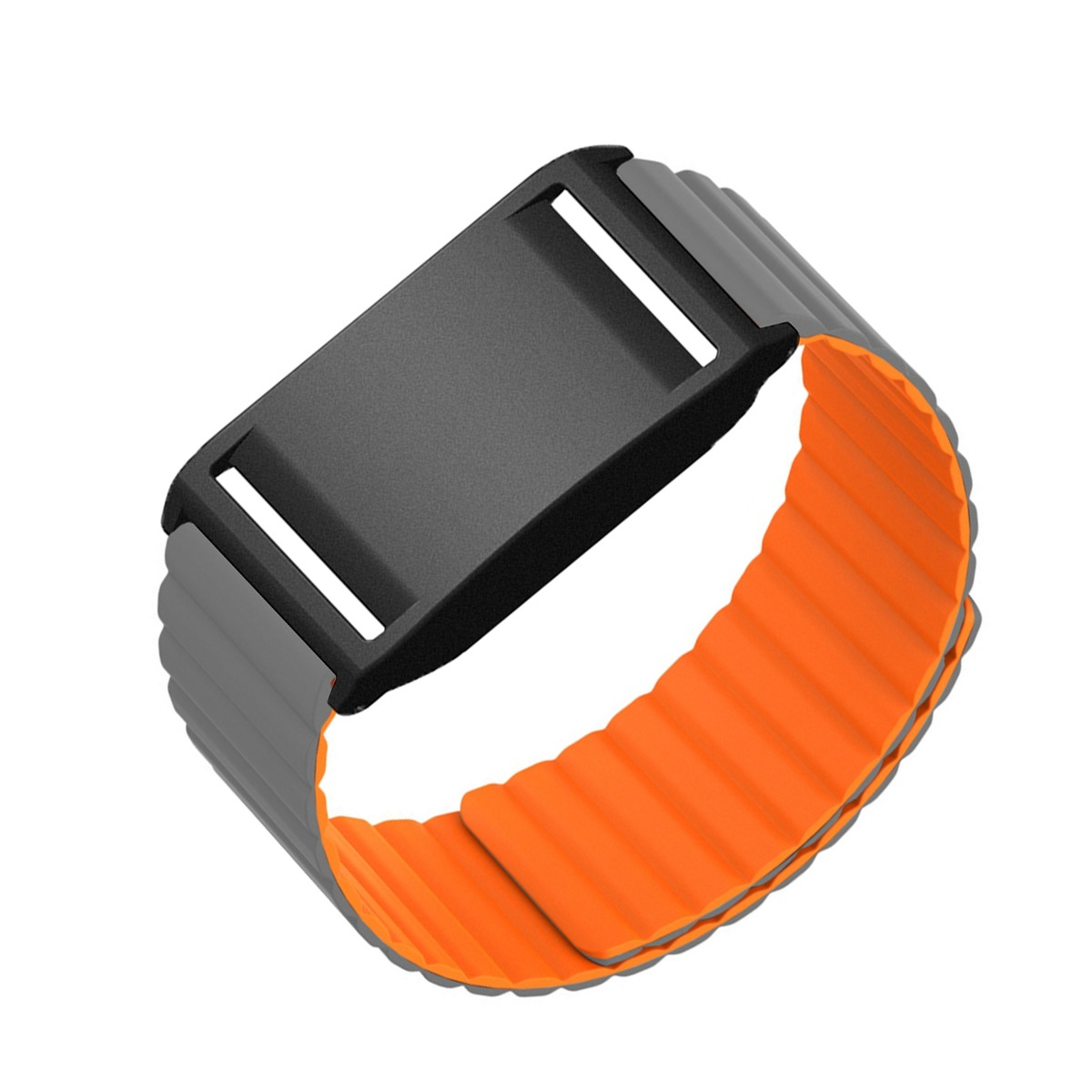 Ein graues Armband mit orangefarbener Innenseite und schwarzem Verschluss.