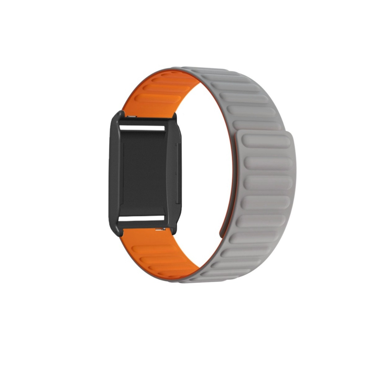 Graues Uhrenarmband mit orangefarbener Innenseite und schwarzem Gehäuse.