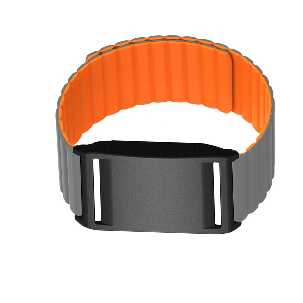 Ein graues Armband mit einem orangefarbenen Einsatz und schwarzem Verschluss.