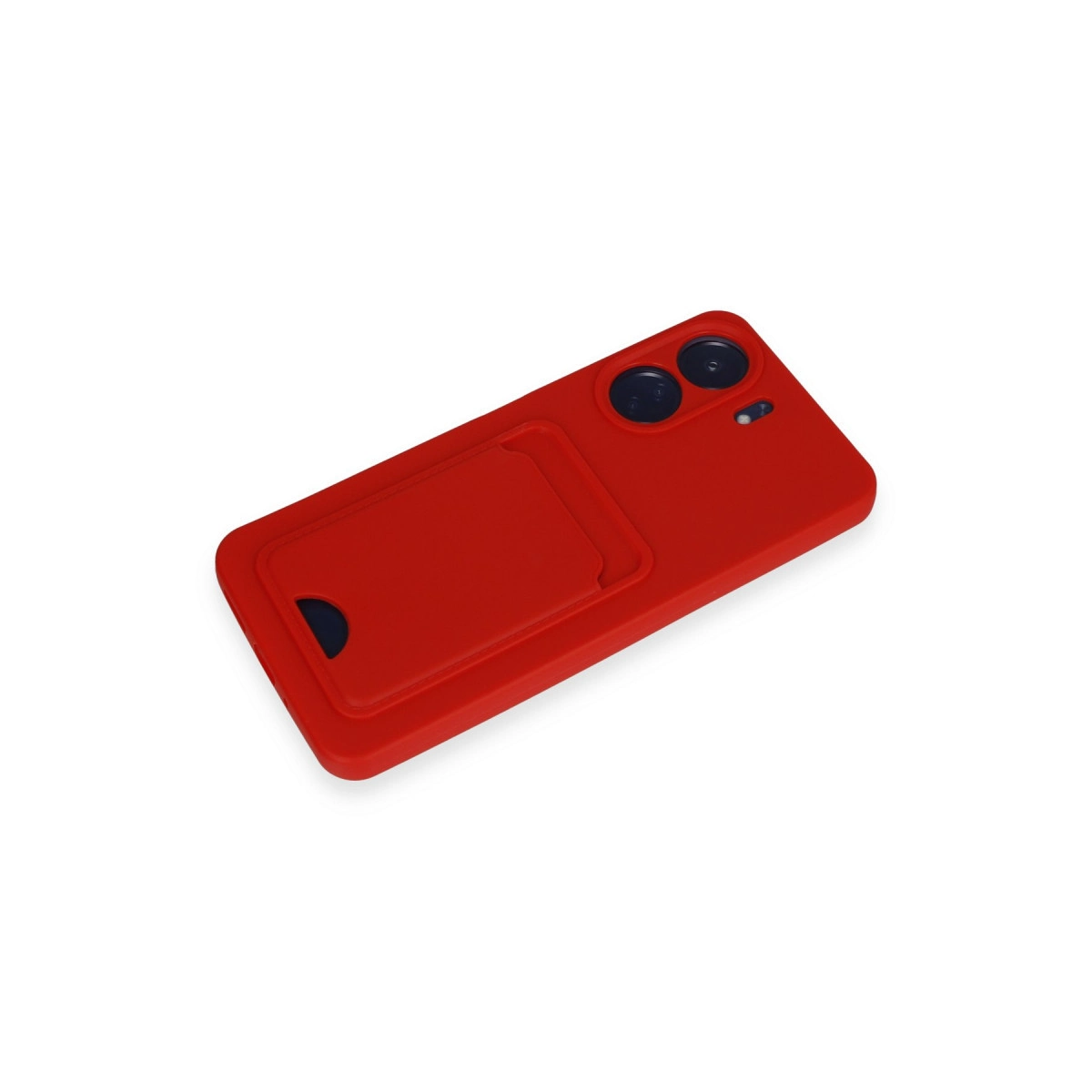 Kart yuvalı ve iki kamera lensli kırmızı telefon kılıfı.