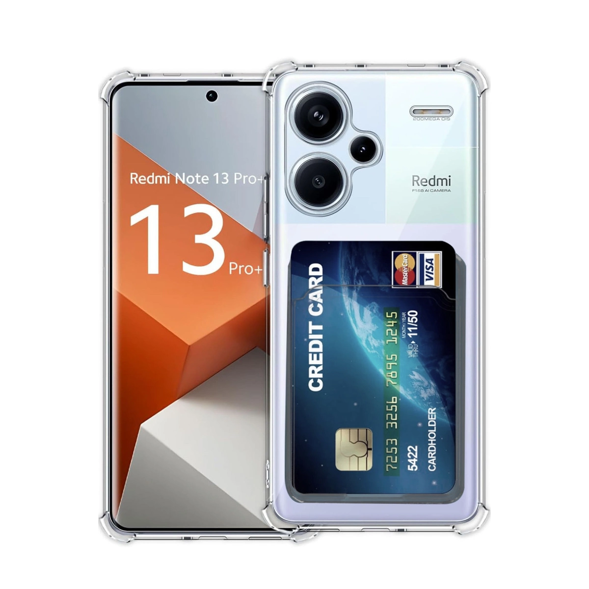 Kredi kartı yuvalı şeffaf kılıfta Redmi Note 13 Pro+ telefon.