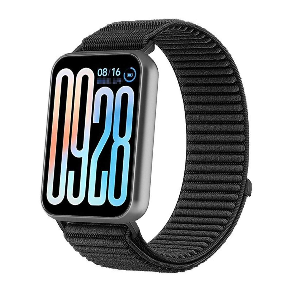 Graue Smartwatch mit schwarzem Stoffarmband und digitaler Anzeige 09:28.