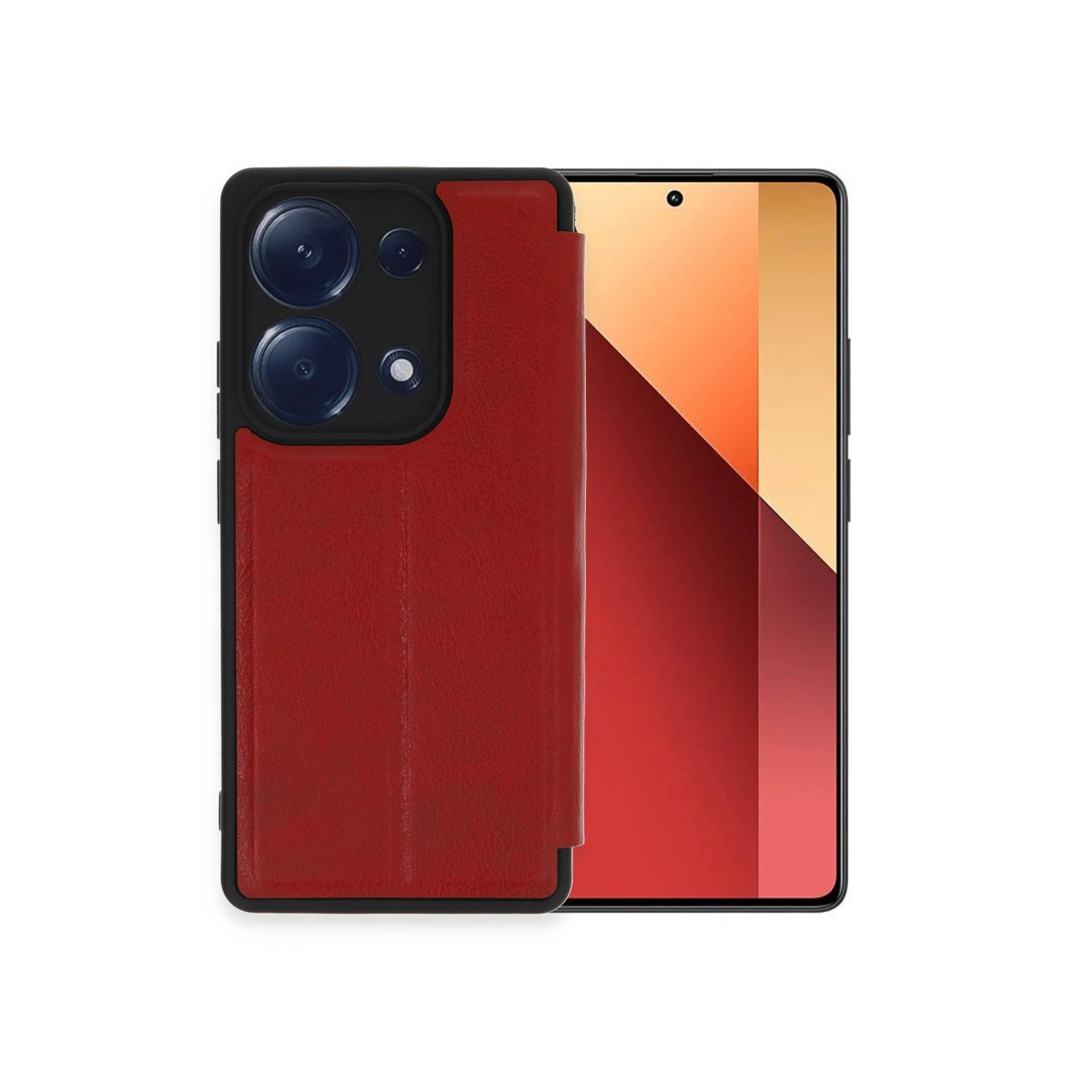 Kamera dizilimli kırmızı telefon kılıfı, kırmızı ekranlı akıllı telefonun yanında.
