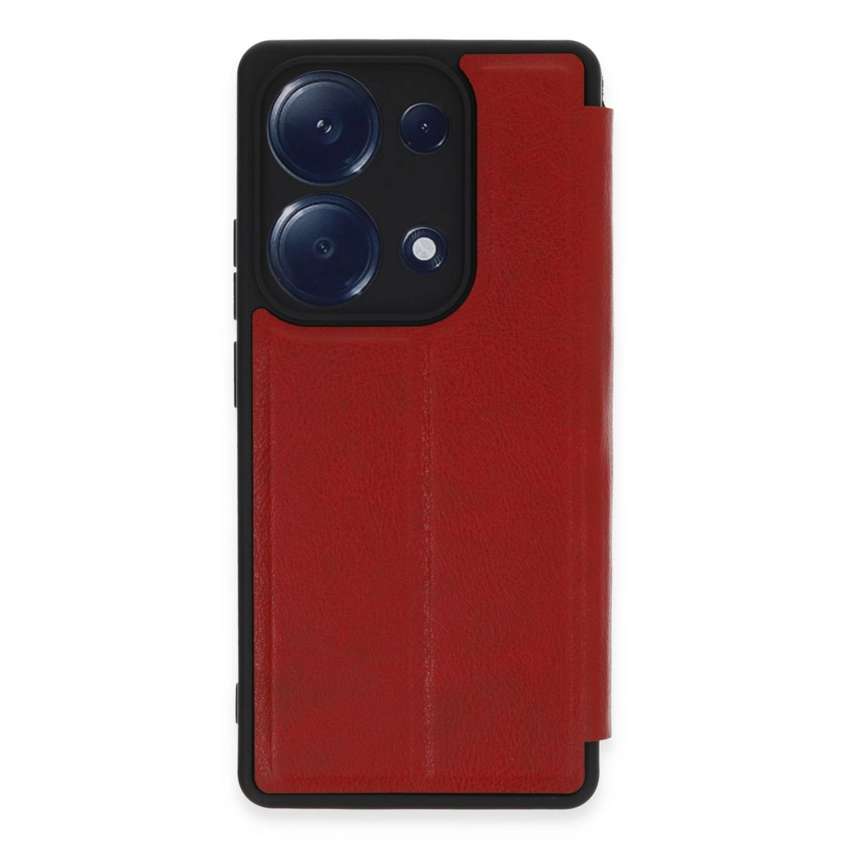 Üç lensli siyah kamera modülüne sahip kırmızı telefon kılıfı.