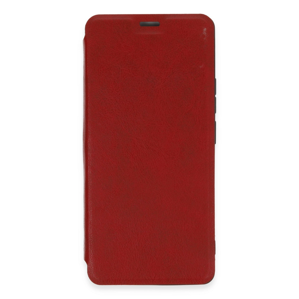 Kamera ve düğmeler için kesiklere sahip kırmızı suni deri telefon kılıfı.
