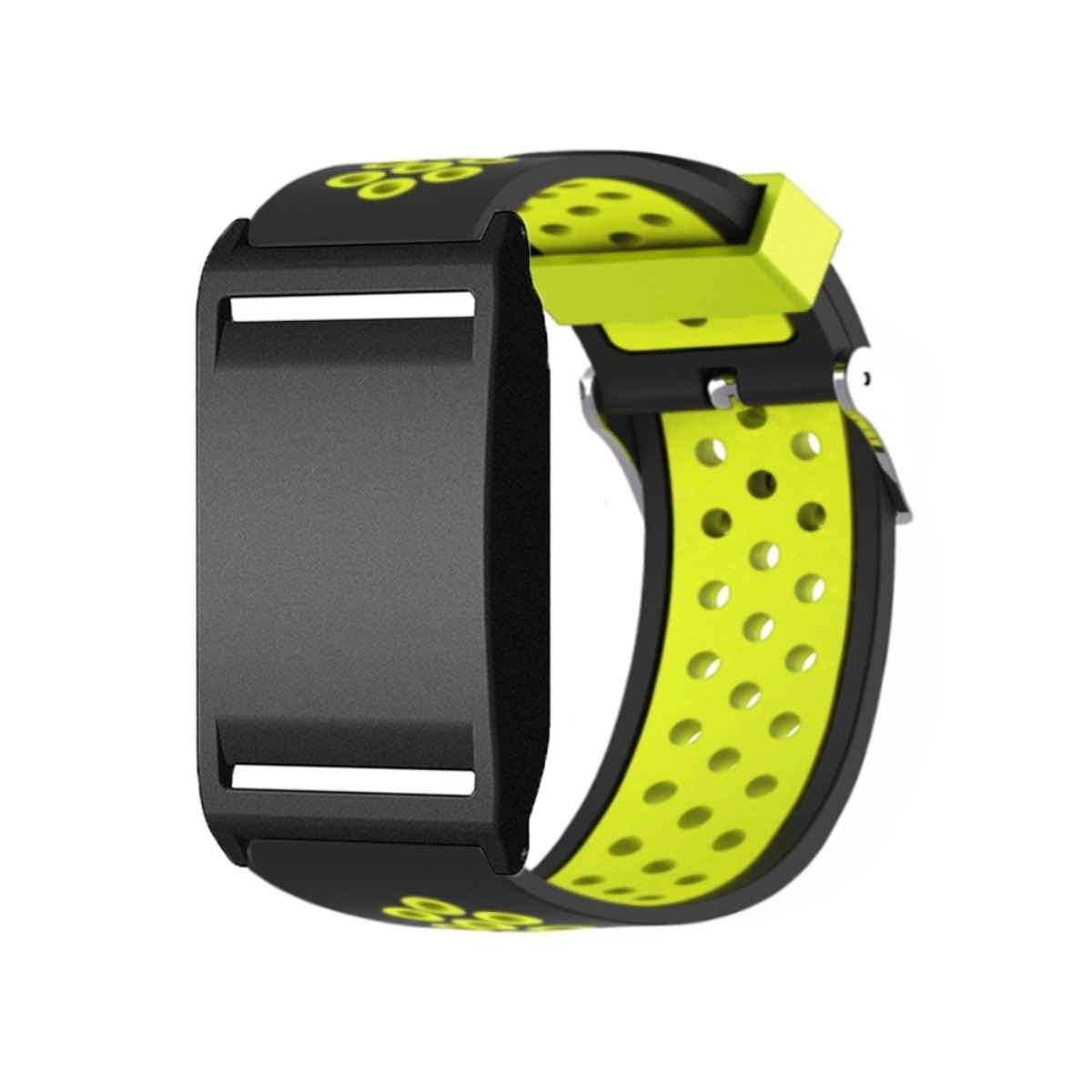Ein schwarzes Armband mit gelben Akzenten und Lochmuster.