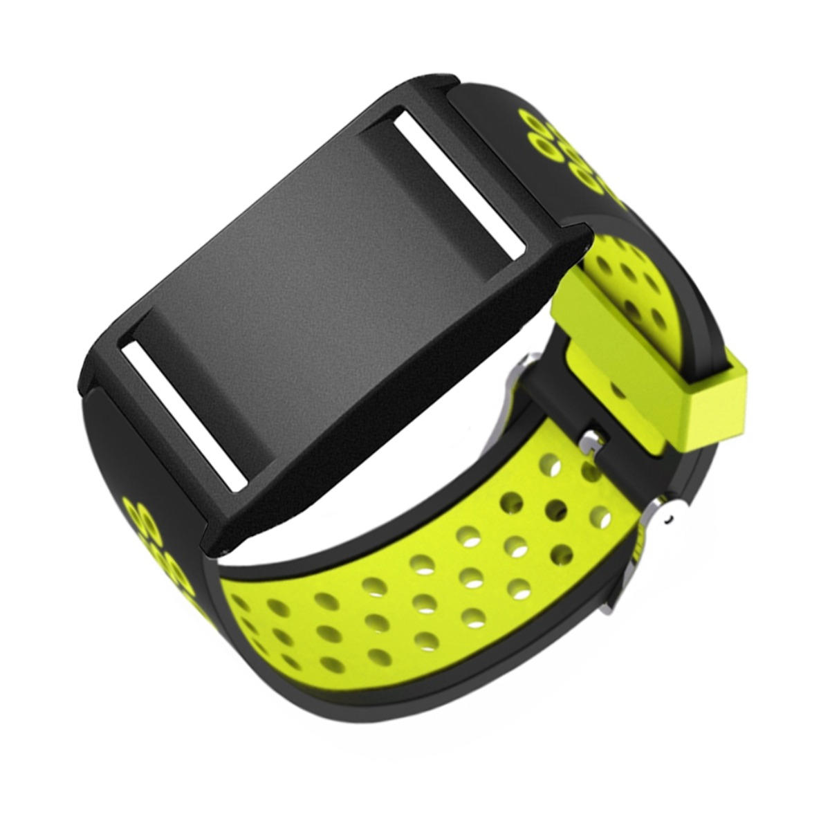 Schwarzes Armband mit neongrünen Akzenten und Lochmuster.
