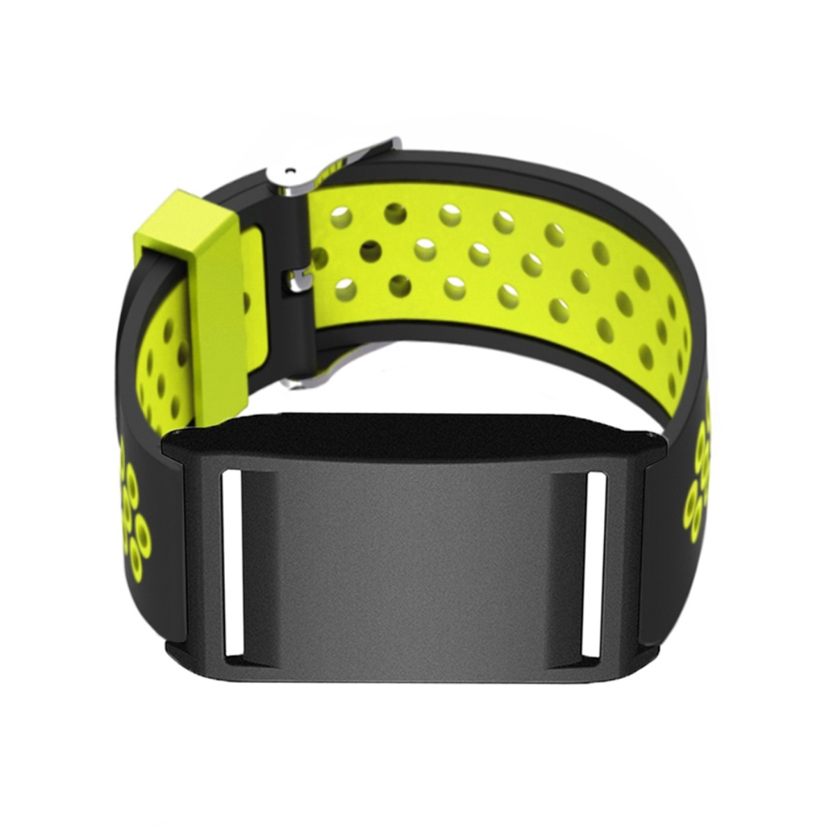 Ein schwarzes Armband mit neongrünen Akzenten und Perforationen.