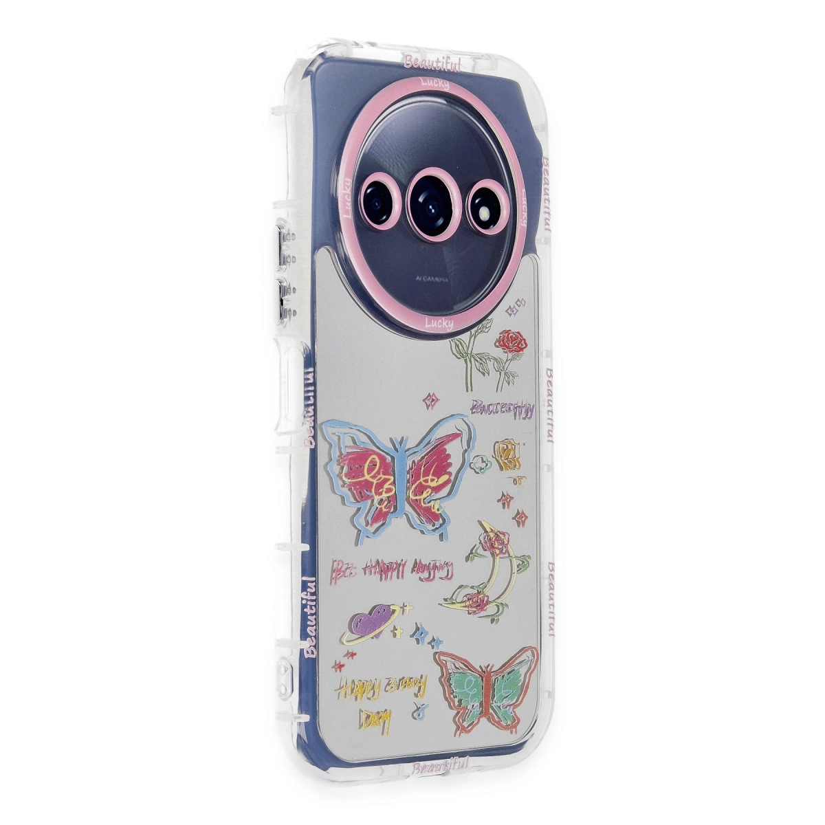 Kelebekler ve çiçekler içeren telefon kılıfı. Arka kamera lensi görünür.