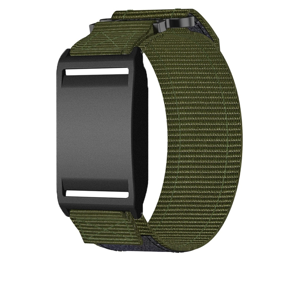 Ein olivgrünes Armband mit schwarzem Verschluss. Das Band ist aus Stoff.