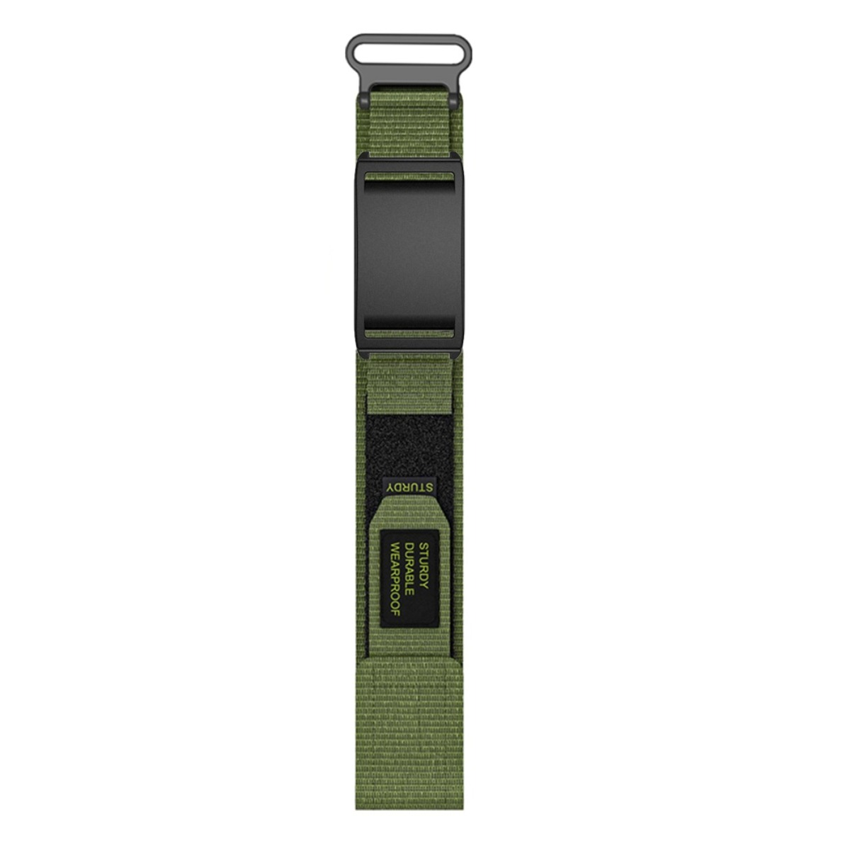 Ein grünes Stoffarmband mit schwarzer Schnalle und einem Etikett.