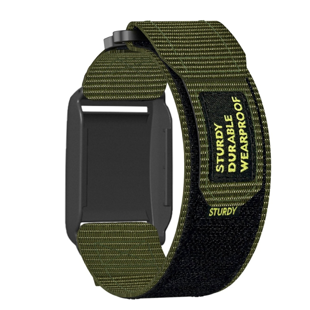 Grünes Armband mit Klettverschluss und gelber Schrift. Schwarzes Uhrengehäuse.