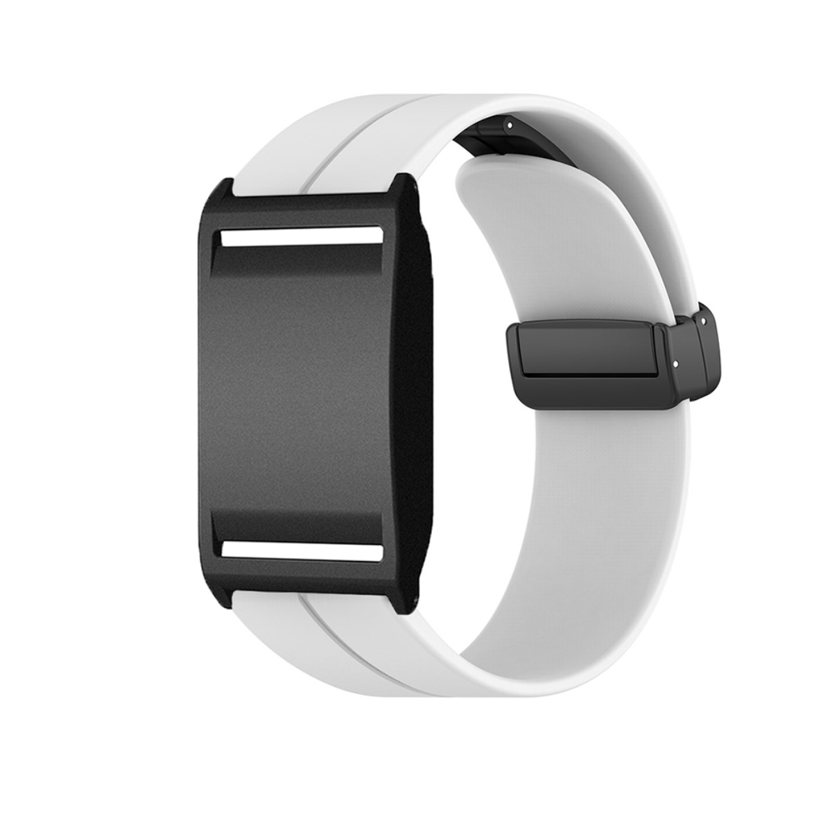 Ein weißes Armband mit schwarzem rechteckigem Display und schwarzem Verschluss.