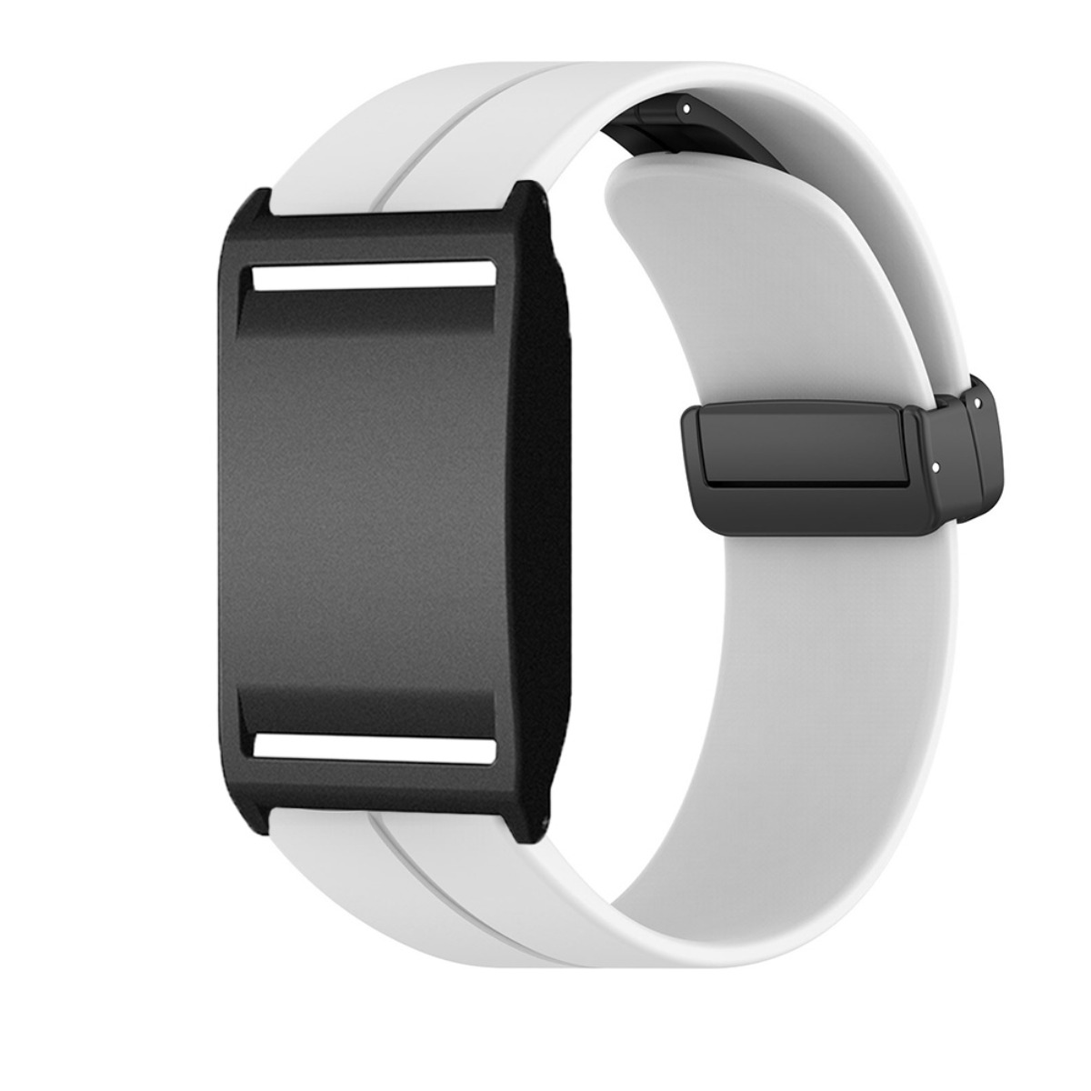 Eine weiße Smartwatch mit schwarzem Display und schwarzem Verschluss.