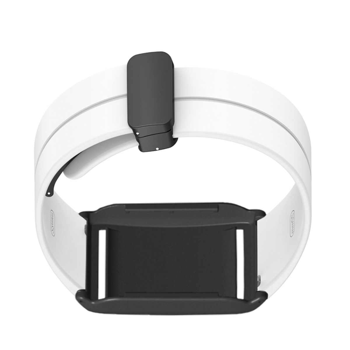 Ein weißes Armband mit schwarzem Clip und einer schwarzen Halterung.