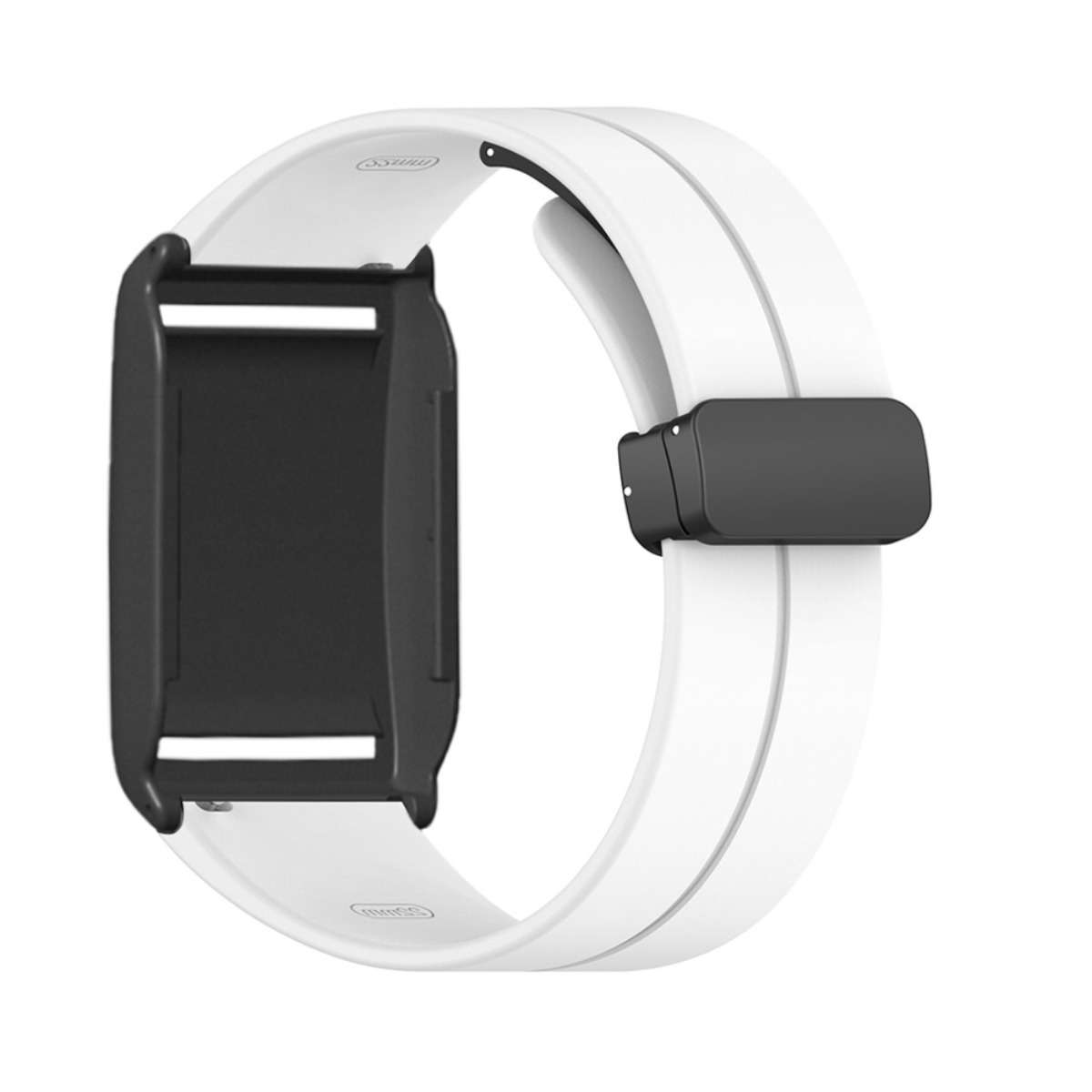 Weißes Armband mit schwarzem Halter, weiße Rillen und schwarzer Schnalle.