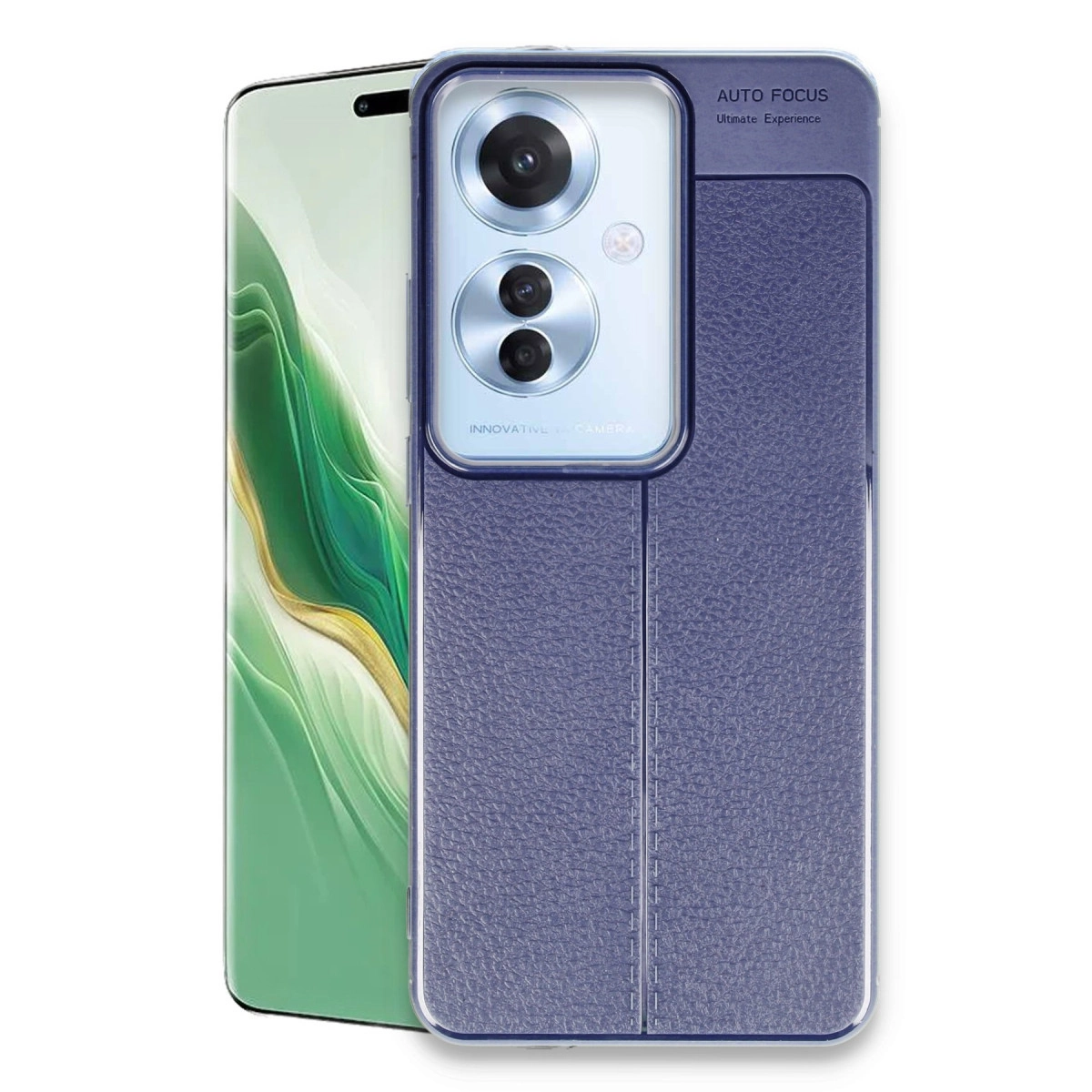 Mavi dokulu telefon kılıfı, çift lensli bir akıllı telefonu kaplar.