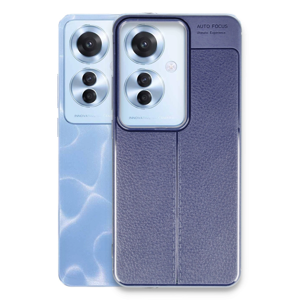 Kameralı iki telefon, biri desenli mavi, diğeri deri dokulu lacivert.