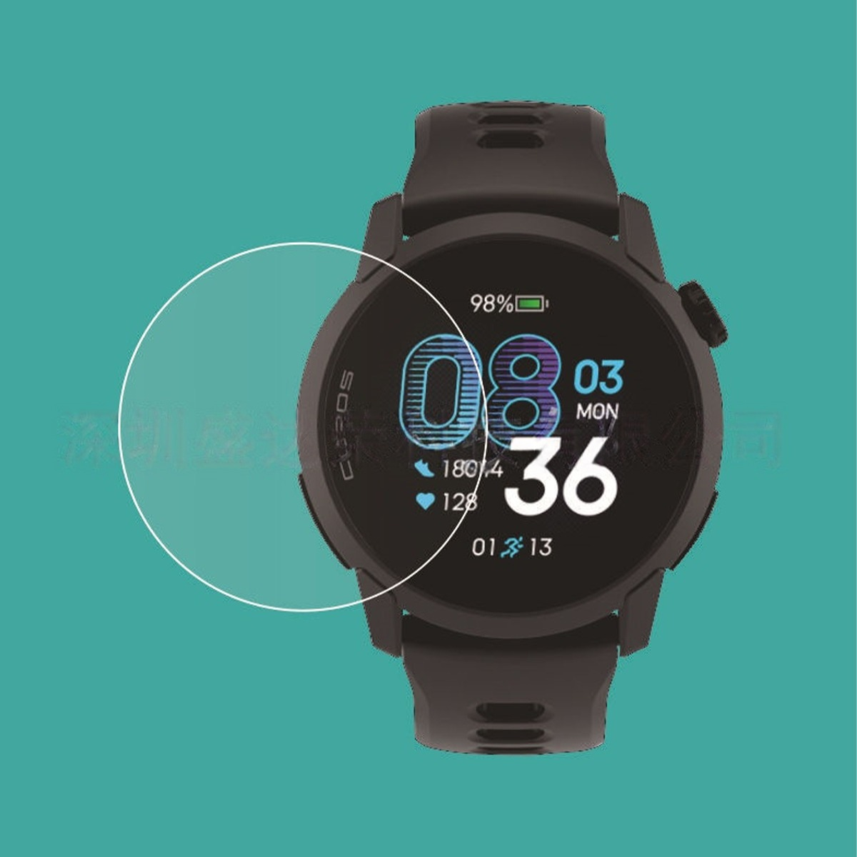 Uno smartwatch nero con display rotondo che mostra il 98% di batteria.