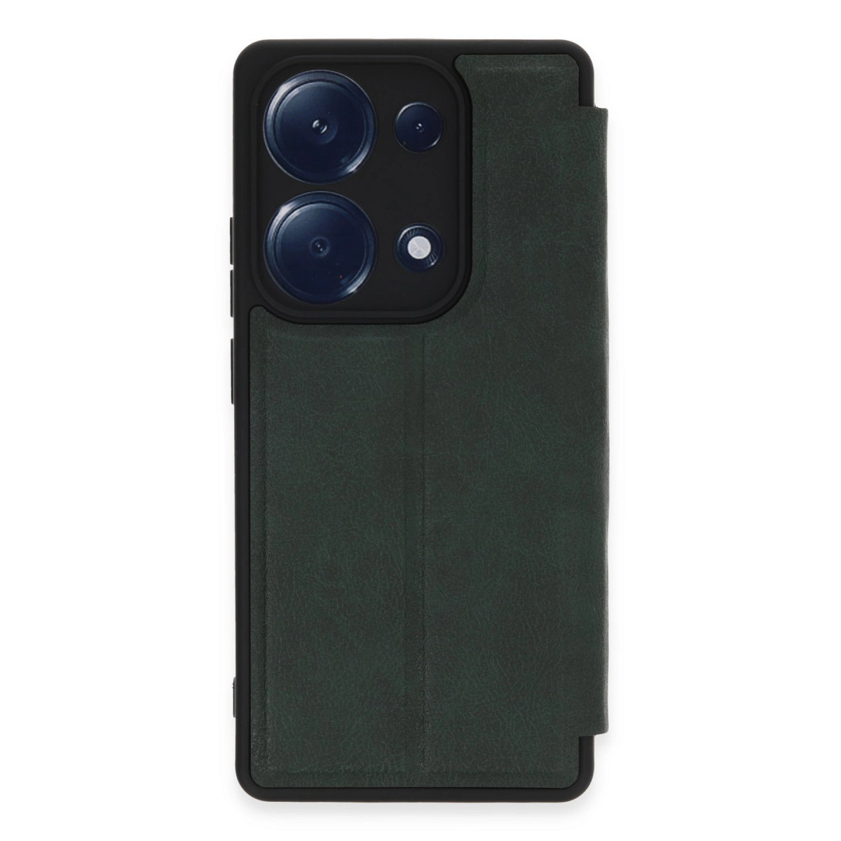 Üç lensli siyah kamera modülüne sahip koyu yeşil telefon kılıfı.