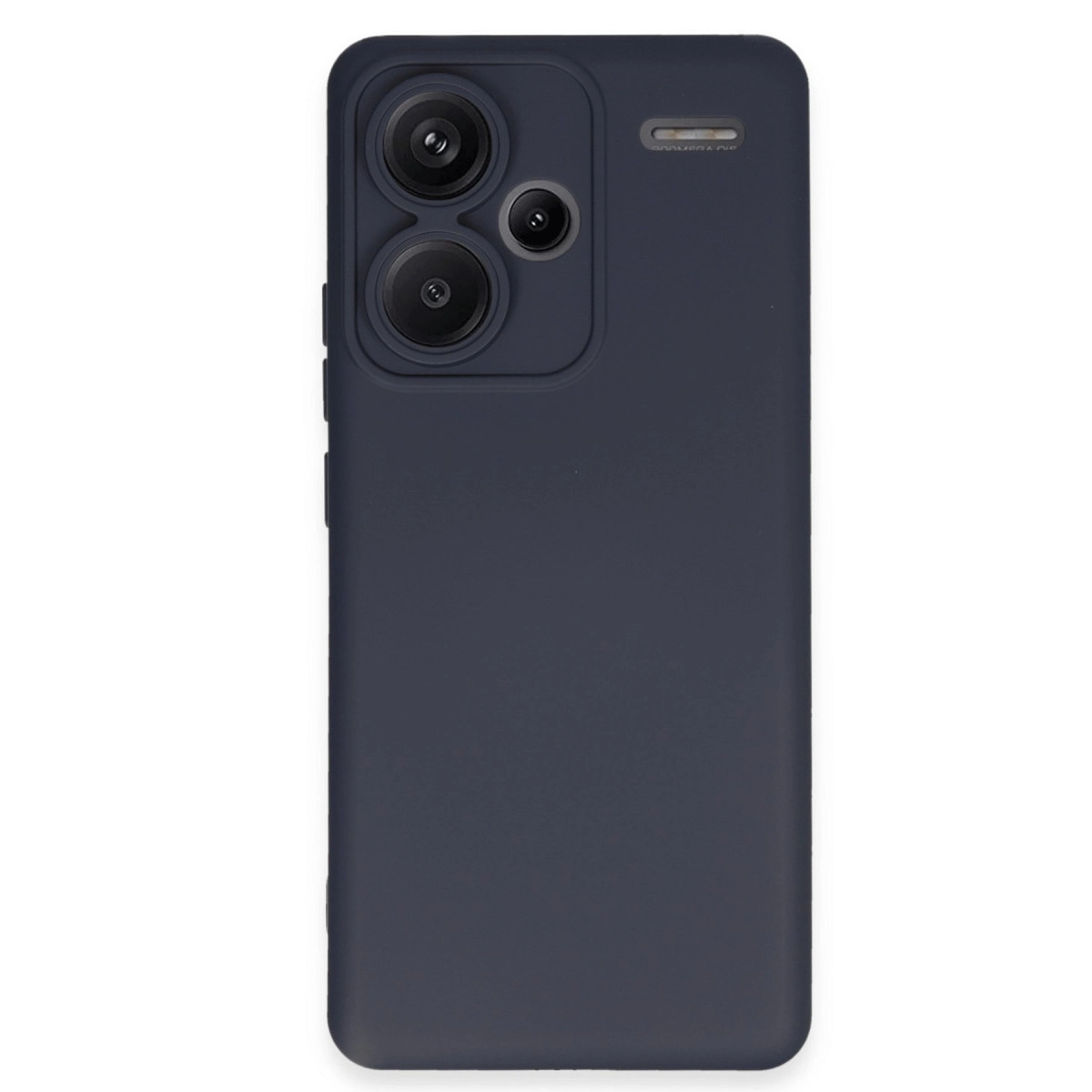 Üçlü kamera ve flaşlı koyu gri telefon kılıfı.