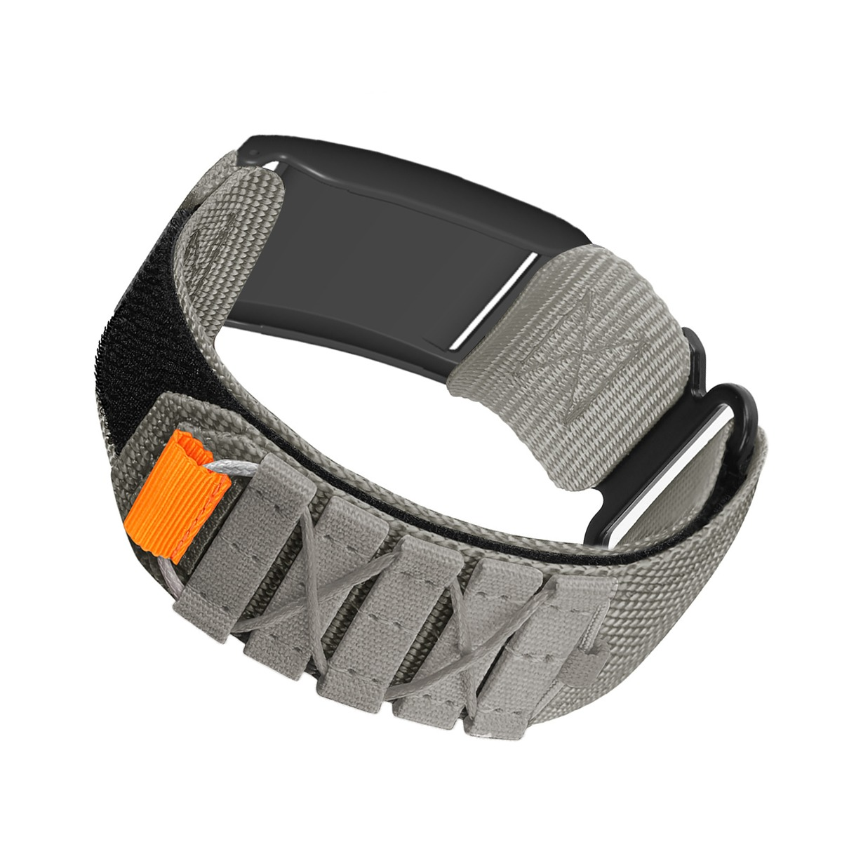 Graues Armband mit schwarzem Klettverschluss und orangefarbenem Band.