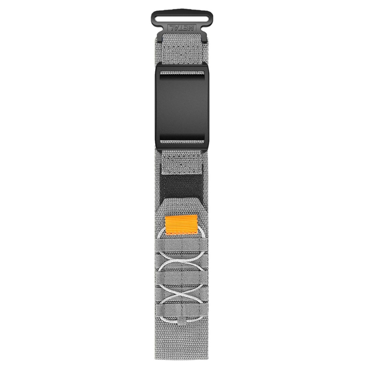 Graues Textilarmband mit schwarzem Verschluss und orangefarbenem Detail.