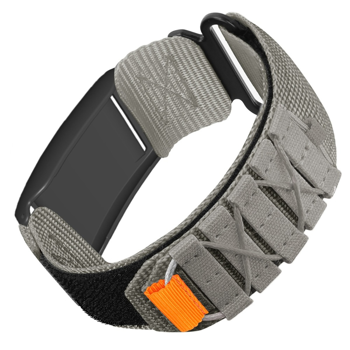 Graues Textilarmband mit schwarzem Klettverschluss und orangefarbenem Detail.
