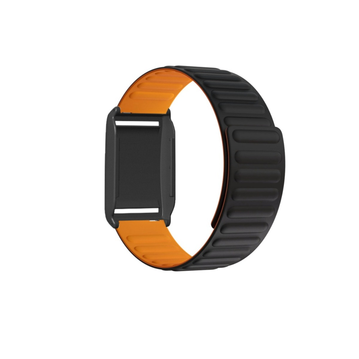 Ein schwarzes und orangefarbenes Uhrenarmband mit Magnetverschluss auf weißem Hintergrund.