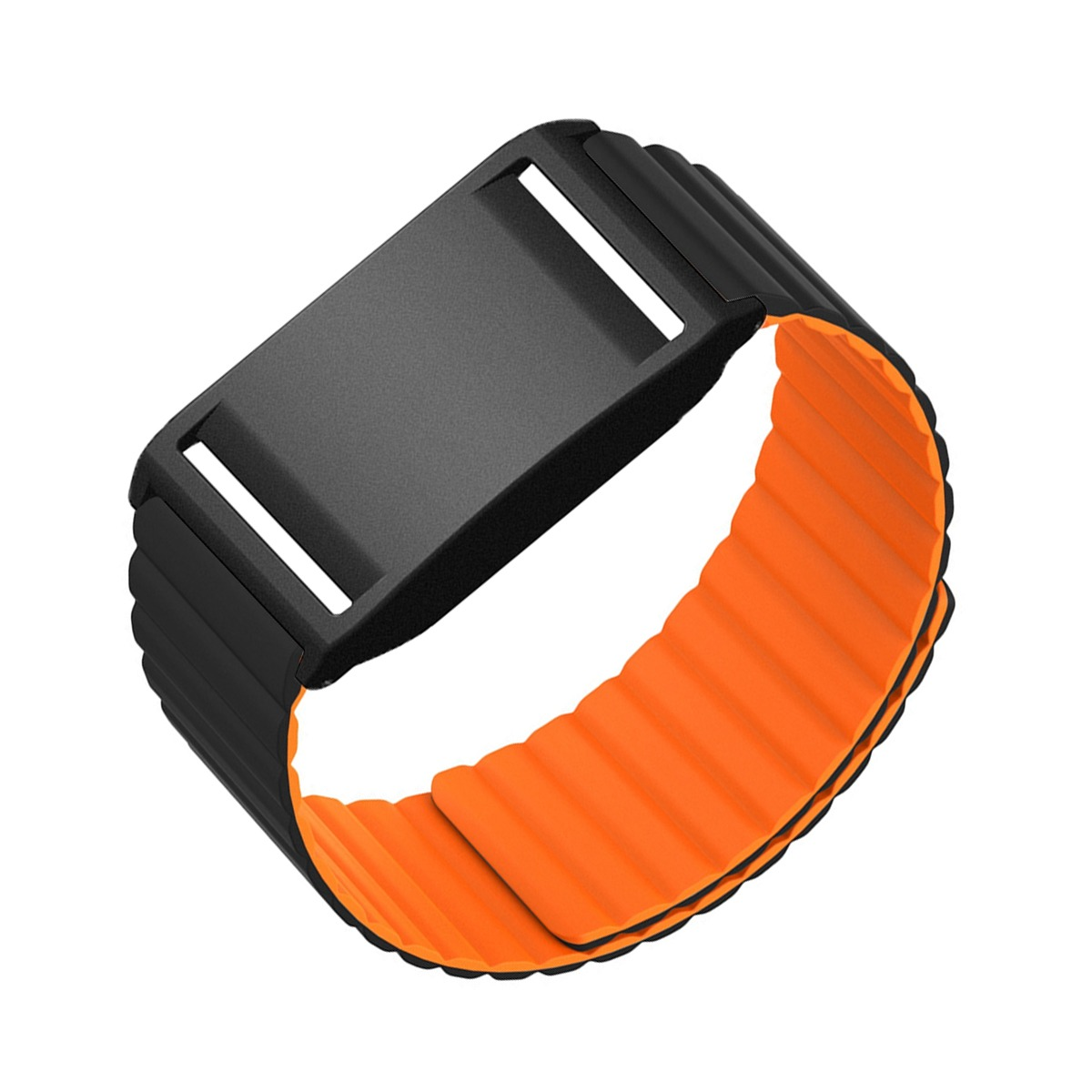 Schwarzes Armband mit orangefarbener Innenseite und magnetischem Verschluss.