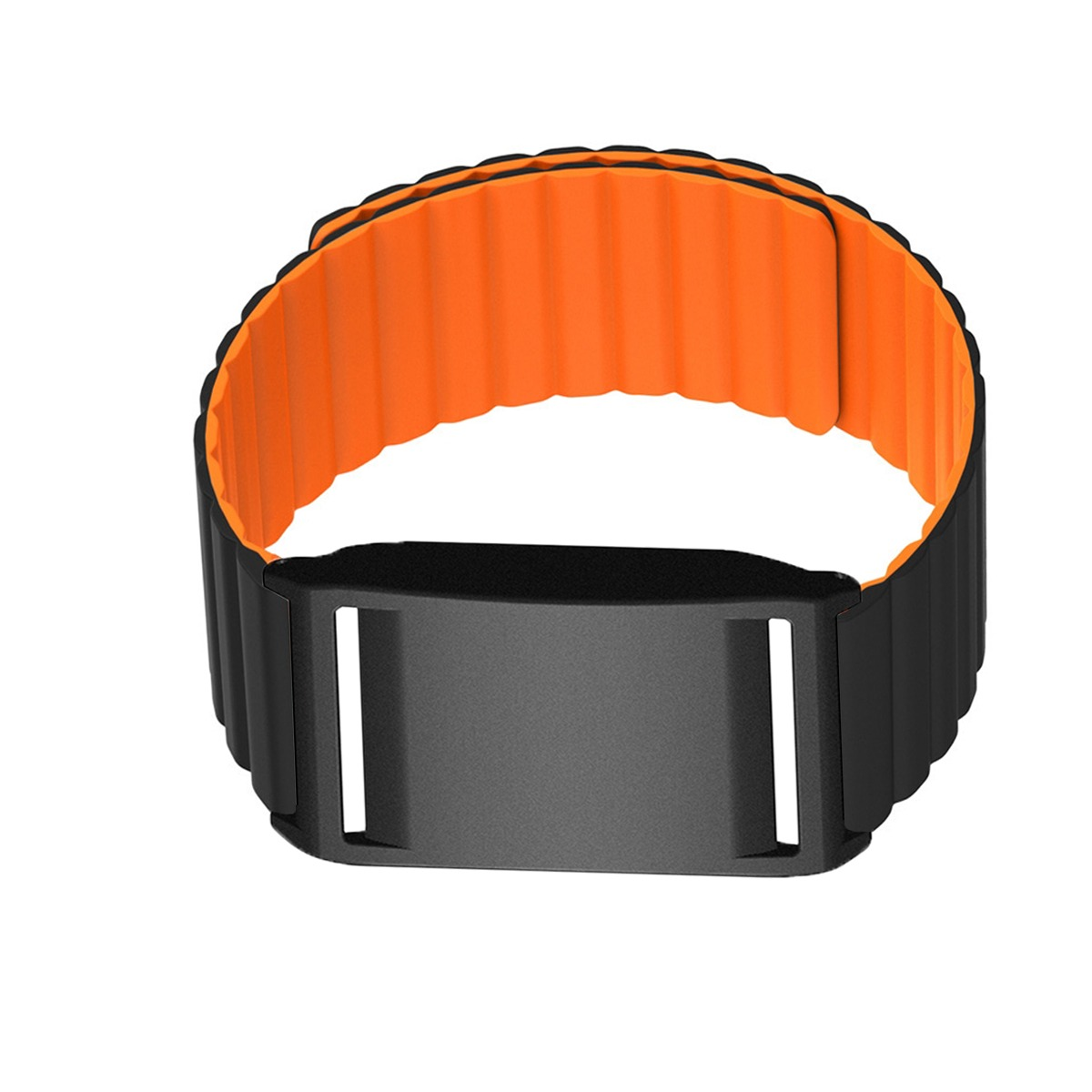 Ein schwarzes Armband mit orangefarbener Innenseite, geripptem Muster und Magnetschnalle.