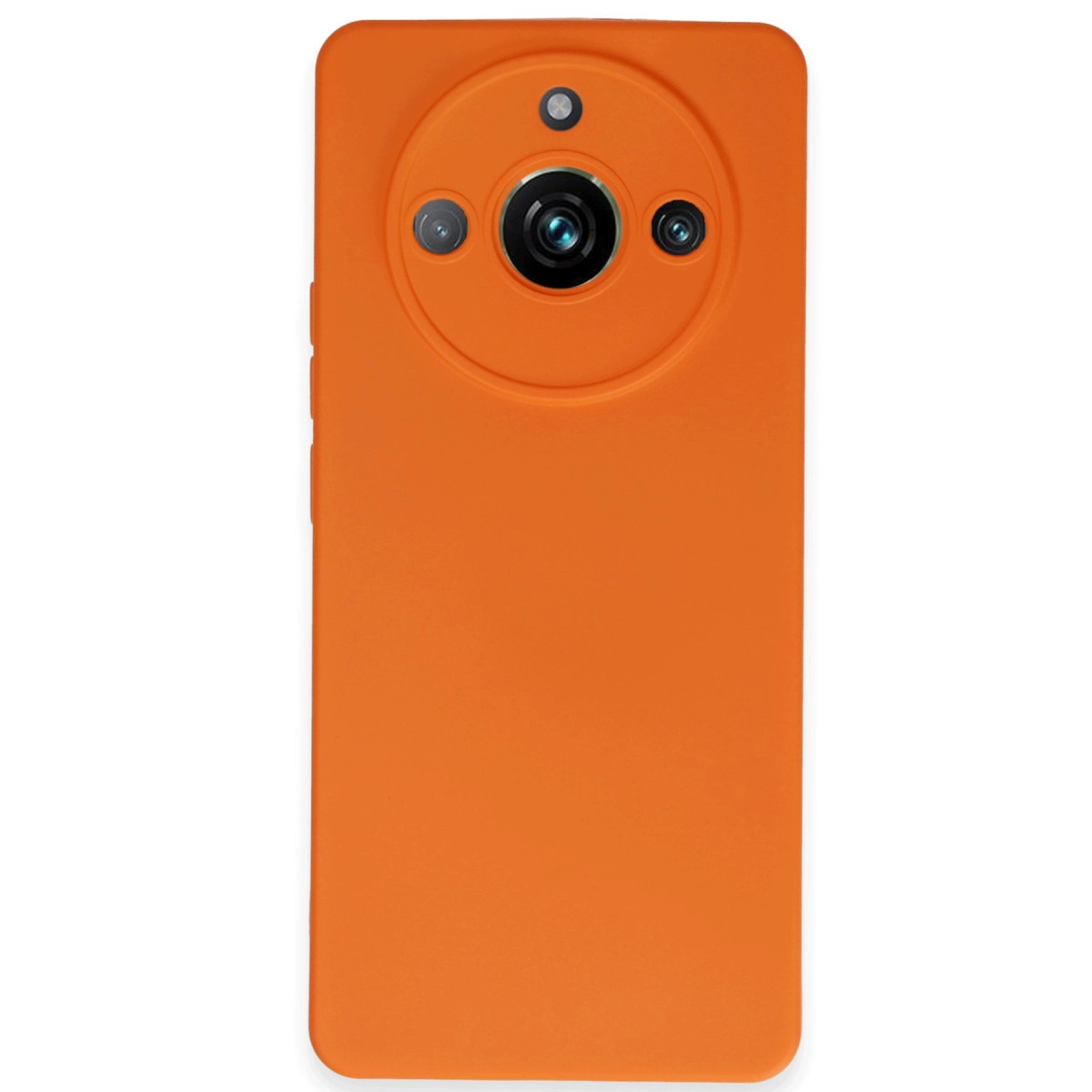 Yuvarlak kamera modülüne sahip turuncu telefon kılıfının arkası. Beyaz arka plan.
