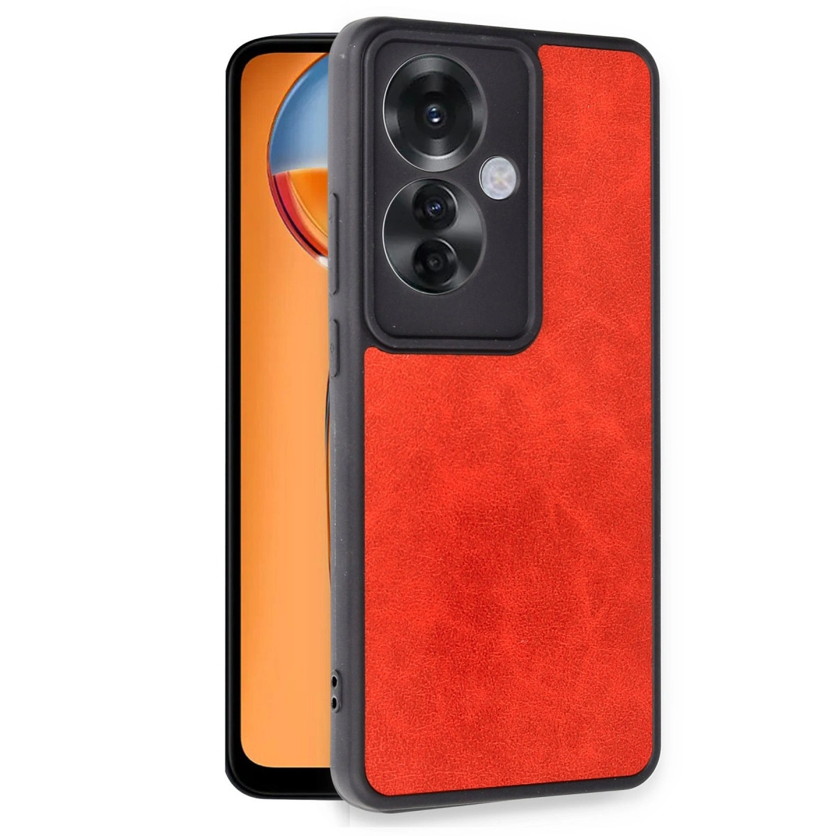 Akıllı telefonda siyah kamera modülüne sahip kırmızı telefon kılıfı.