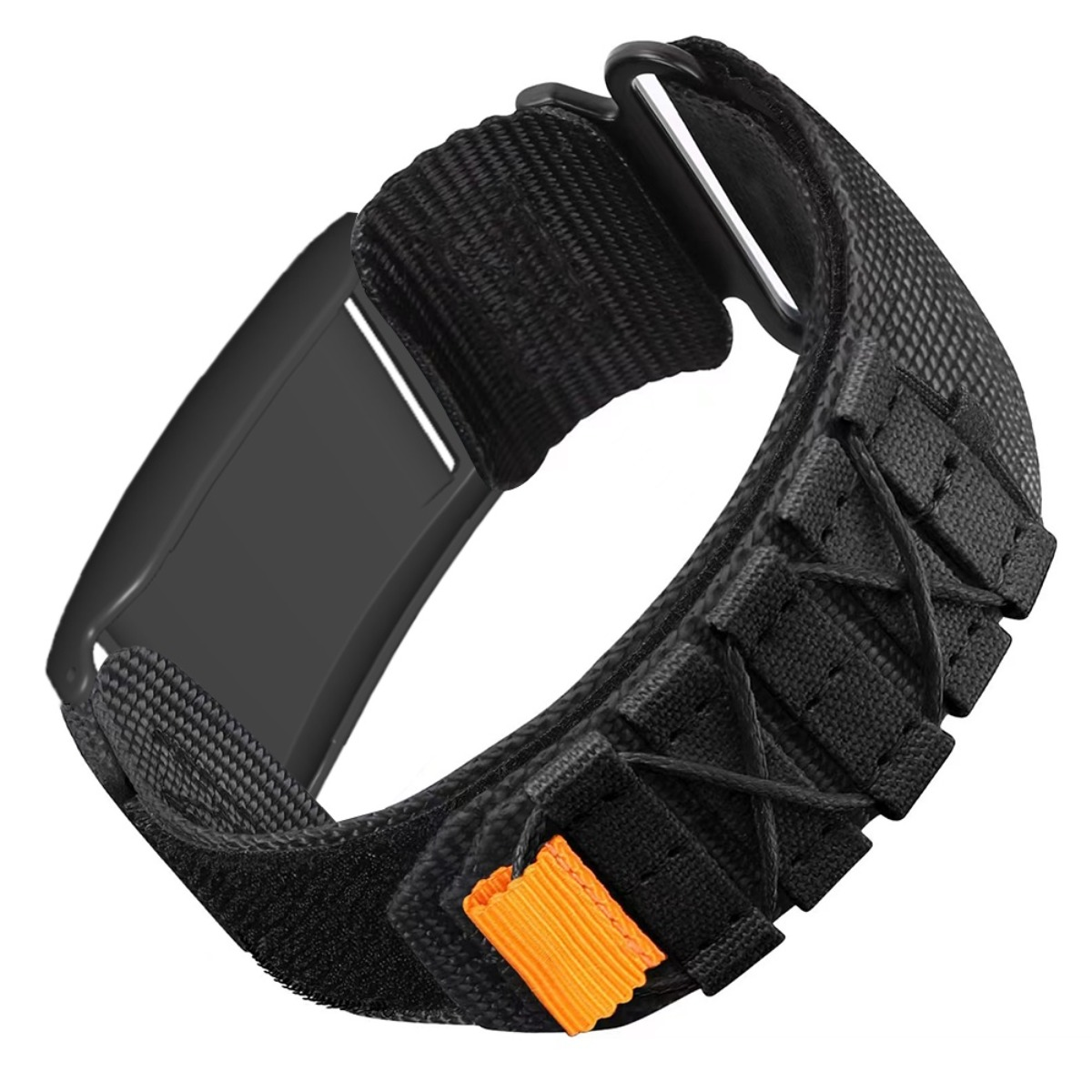 Schwarzes Armband mit orangefarbener Lasche und Metallschnalle, auf weißem Hintergrund.