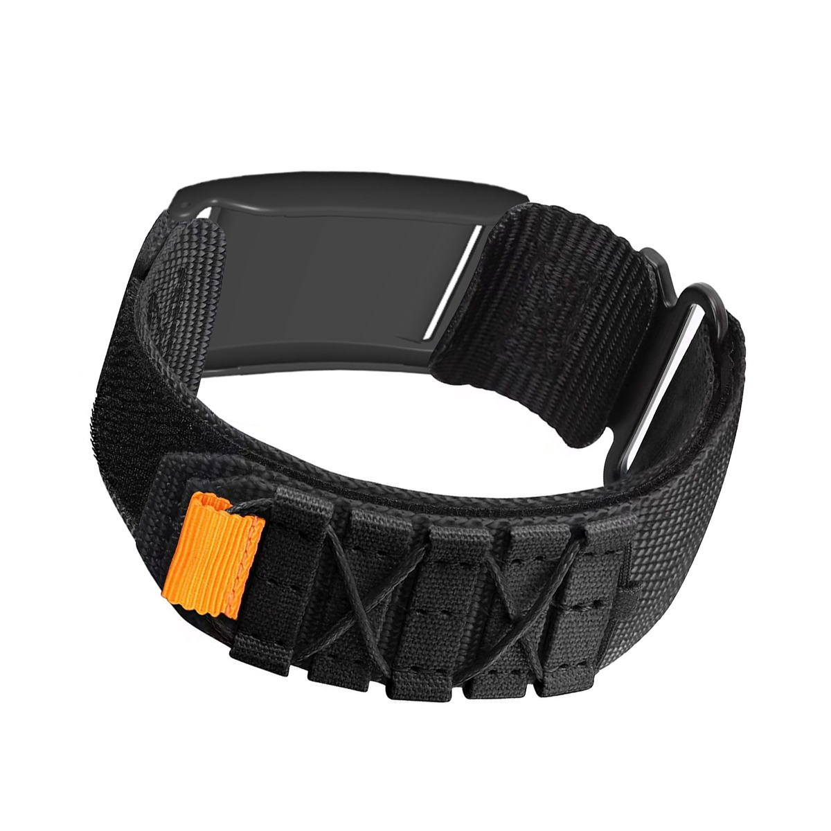 Schwarzes Armband mit orangefarbenem Zuglasche und schwarzem Verschluss.