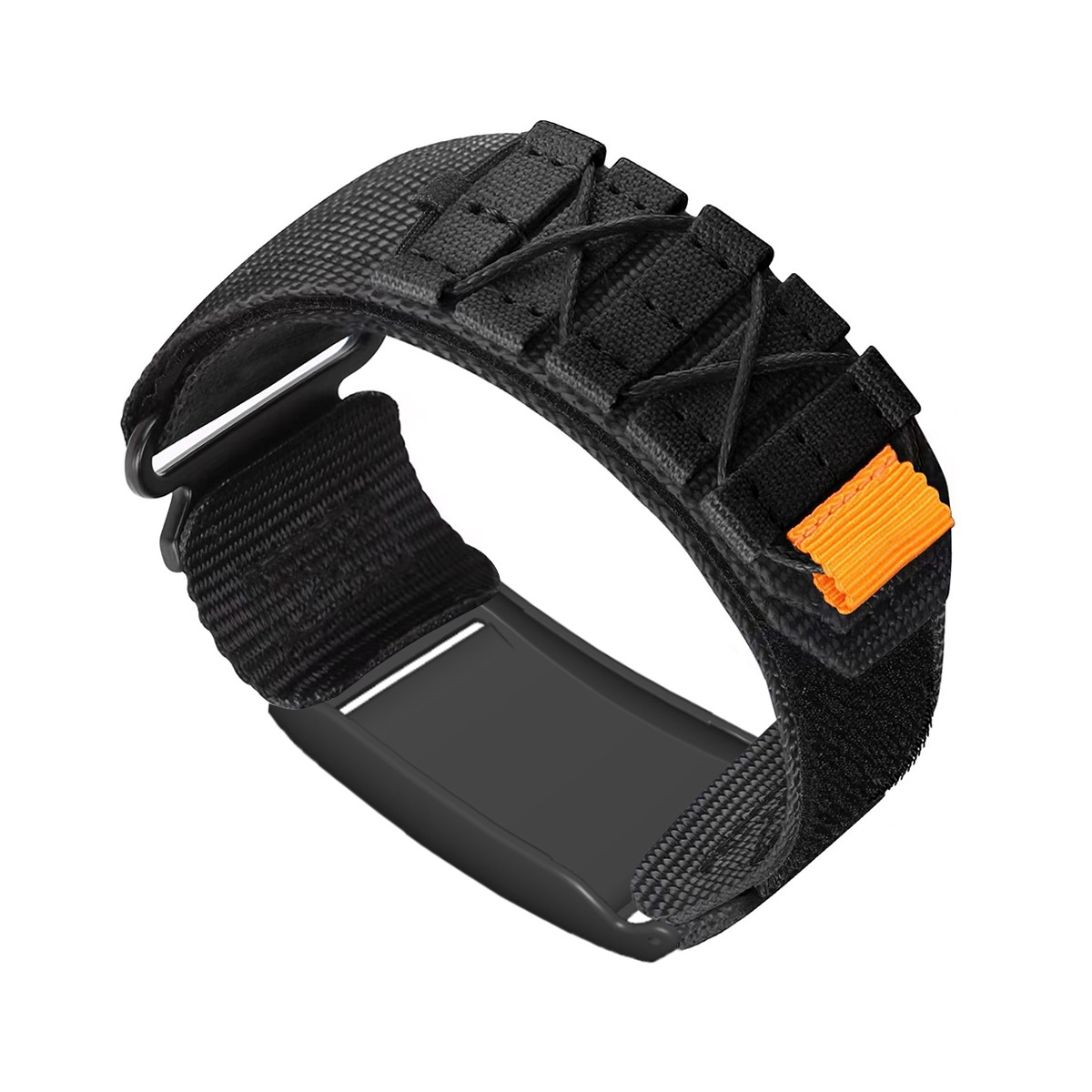 Schwarzes Armband mit orangefarbenem Detail und Metallschnalle.