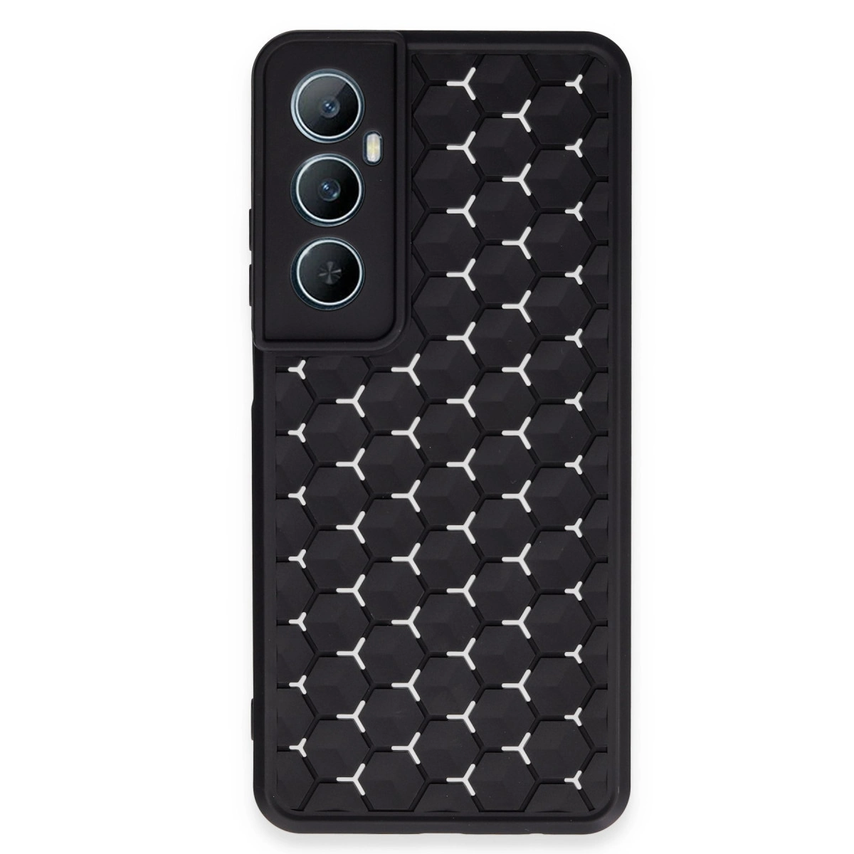 Üç kameralı ve altıgen desenli siyah telefon kılıfı.