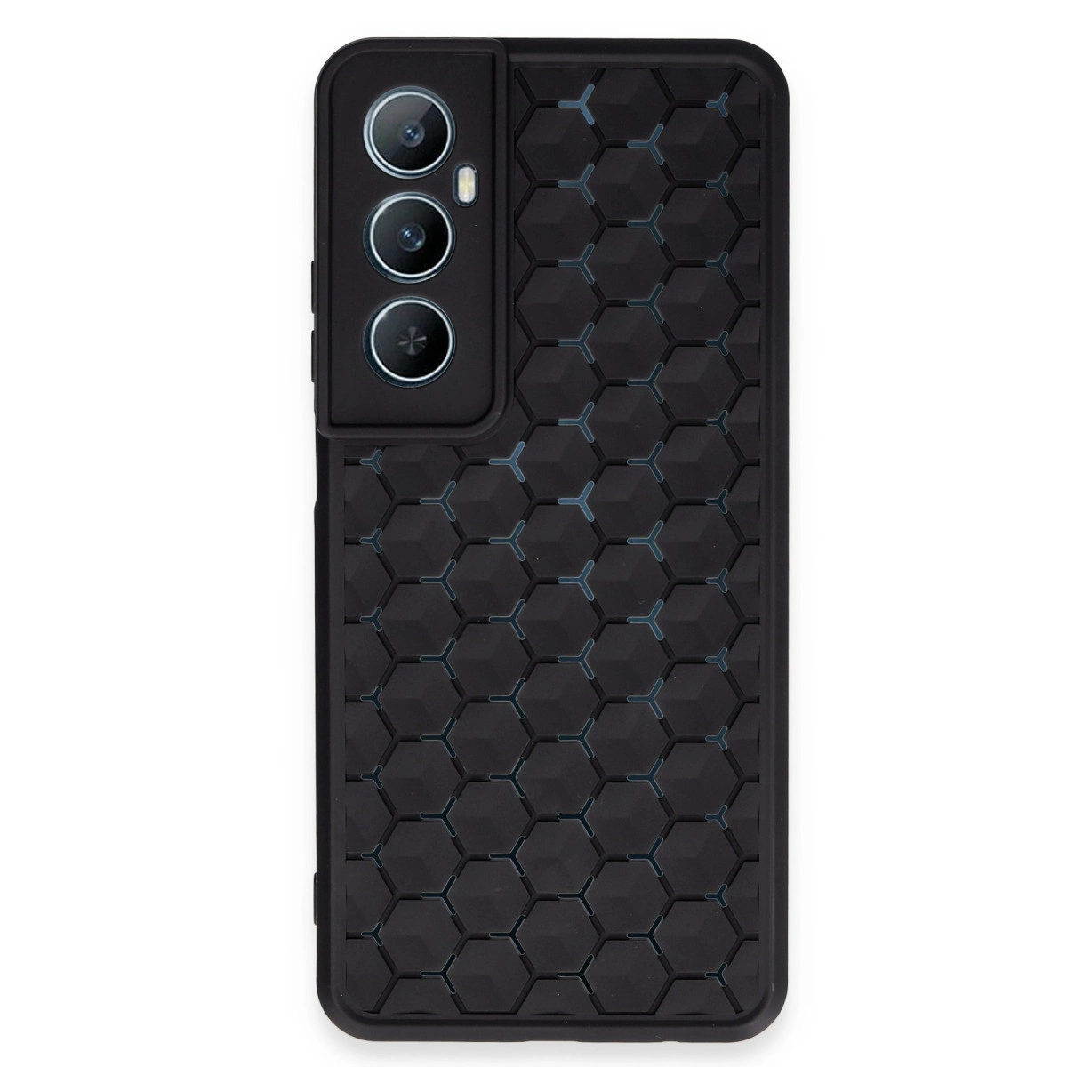Altıgen desenli ve üç kamera lensli siyah telefon kılıfı.