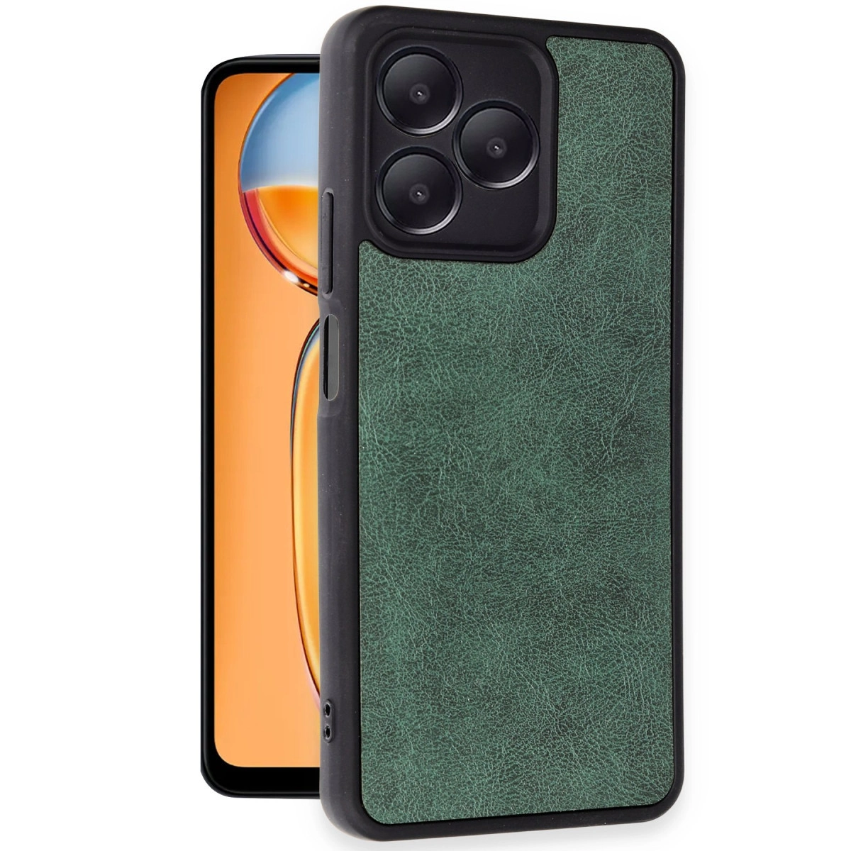 Dokulu, üçlü kamera lensli koyu yeşil telefon kılıfı.