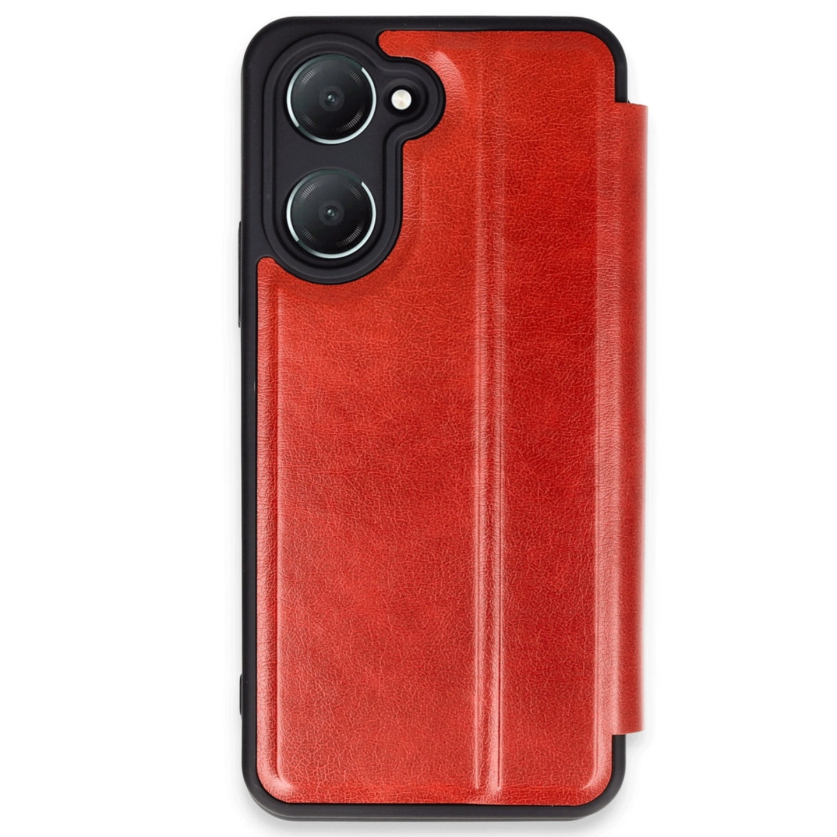 Üstte iki kamera lensli kırmızı telefon kılıfı.