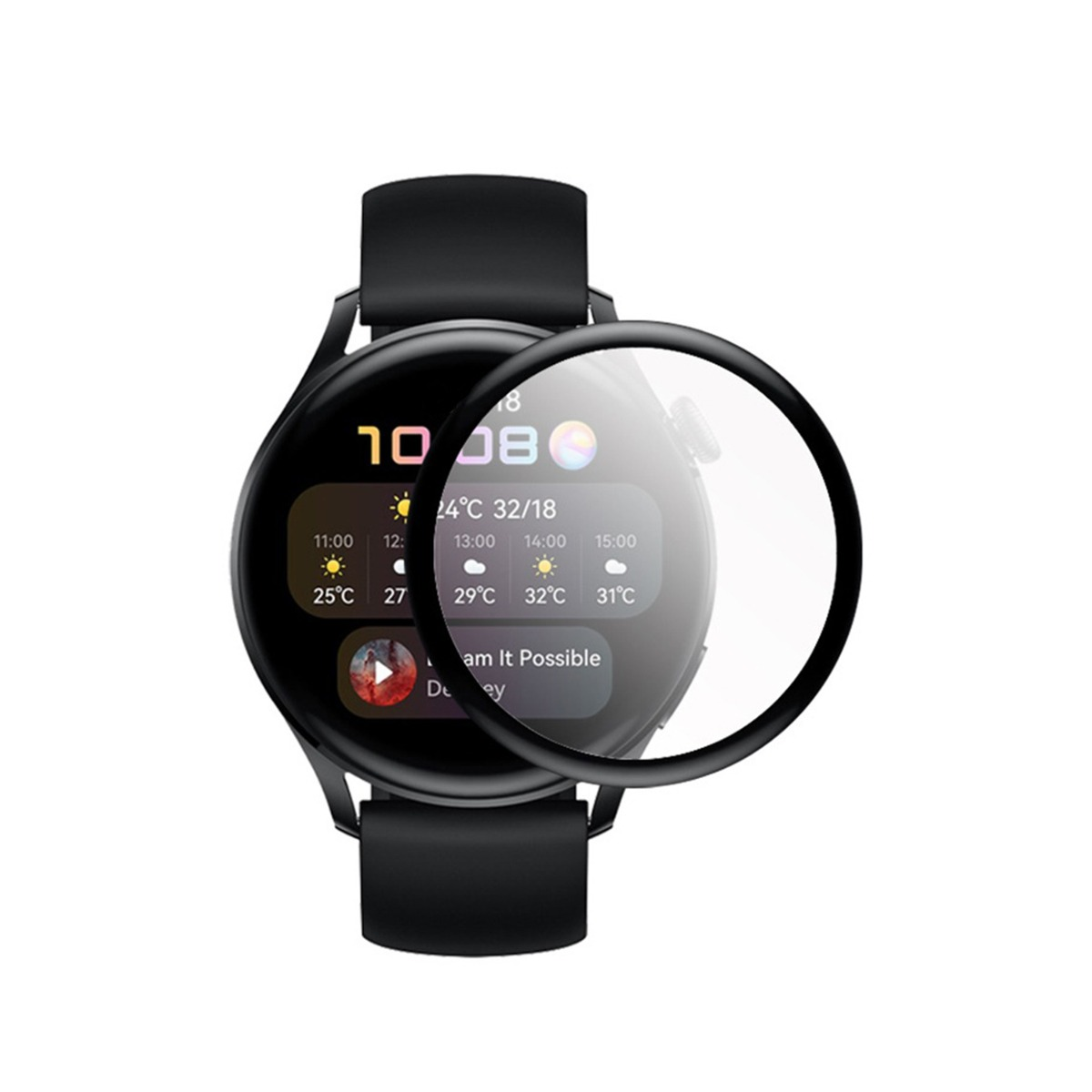 Eine schwarze Smartwatch zeigt Uhrzeit, Wetter und App-Icons. Ein klarer Displayschutz ist darüber.